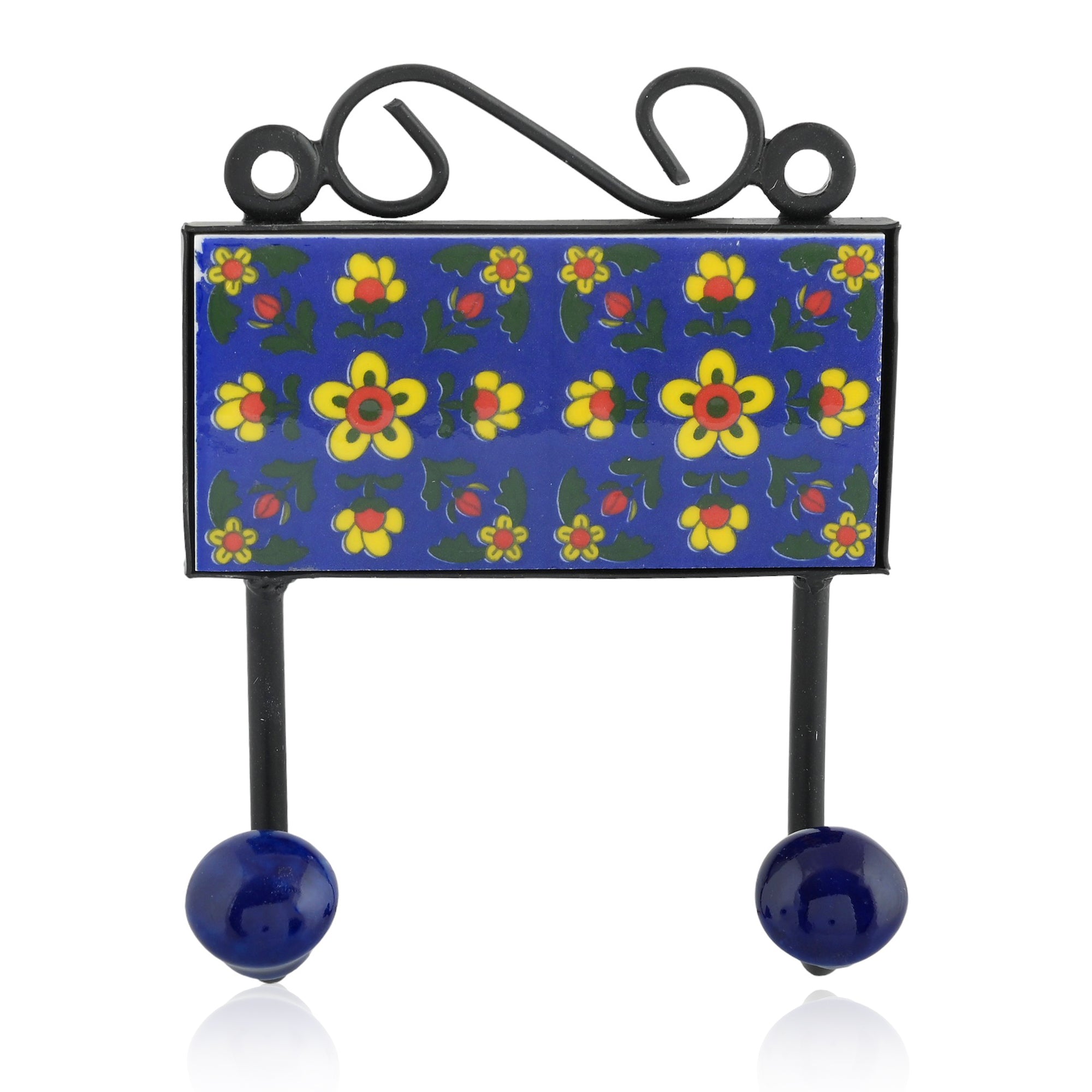Blue Pottery Decorative Key Holder—Blue—2 Hooks