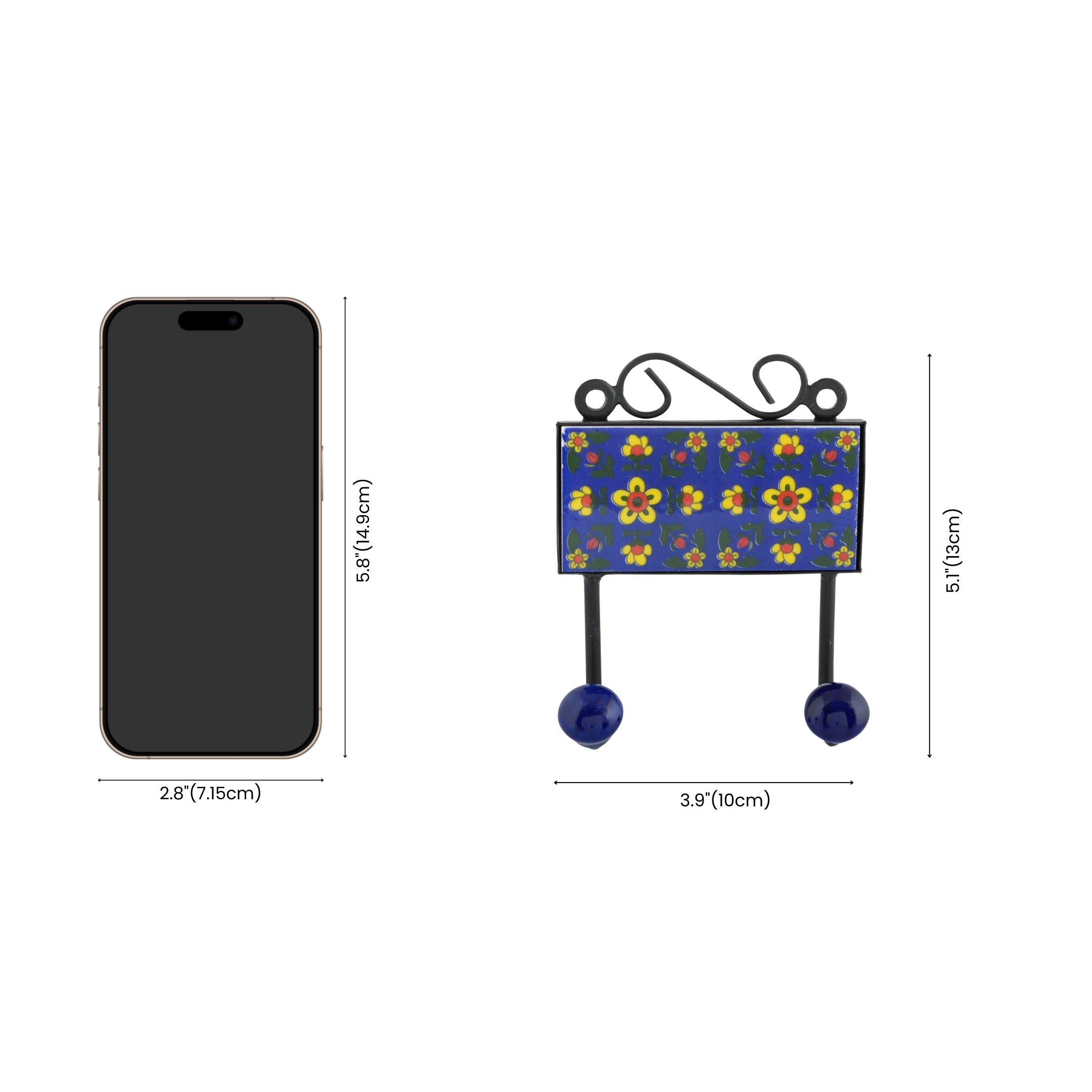Blue Pottery Decorative Key Holder—Blue—2 Hooks