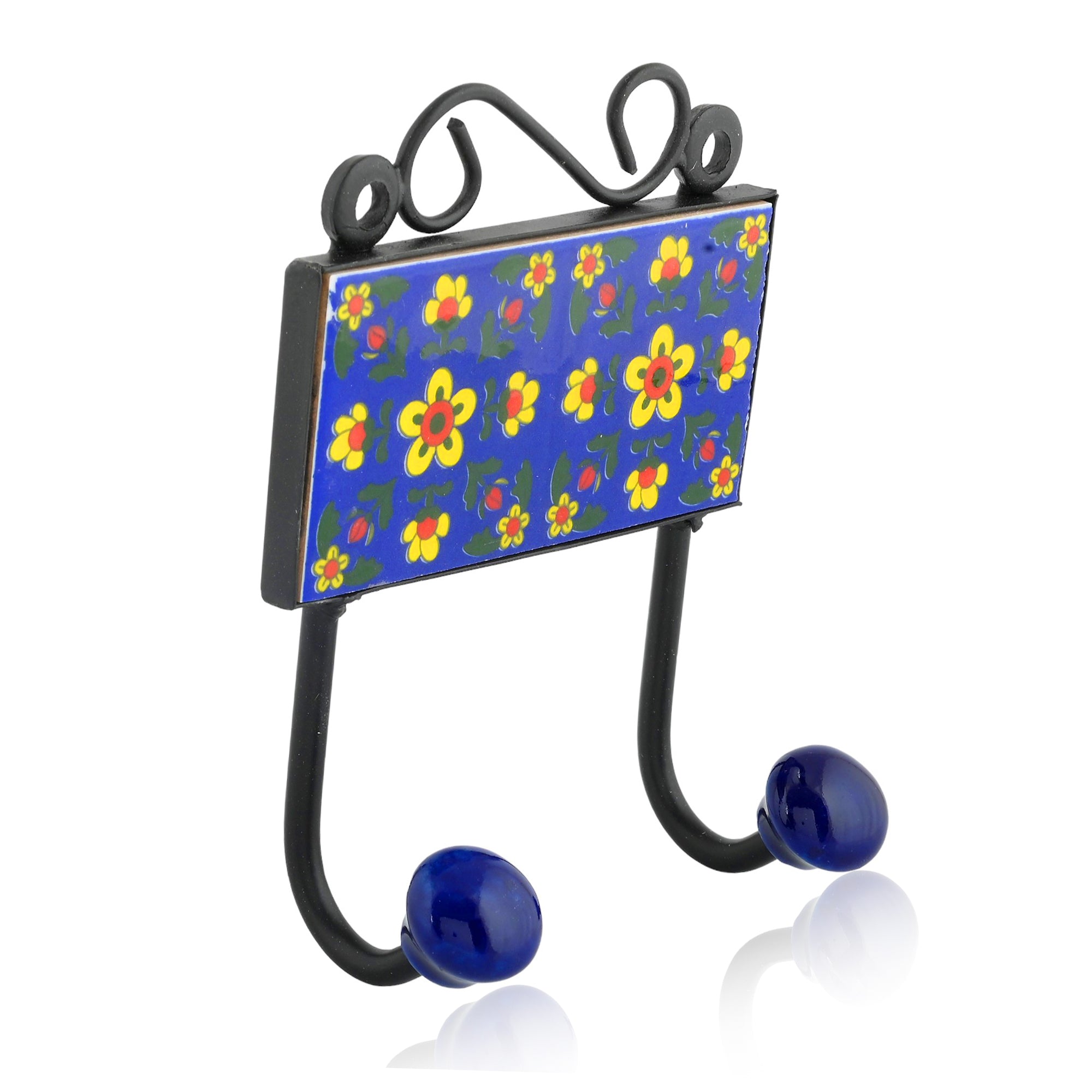 Blue Pottery Decorative Key Holder—Blue—2 Hooks