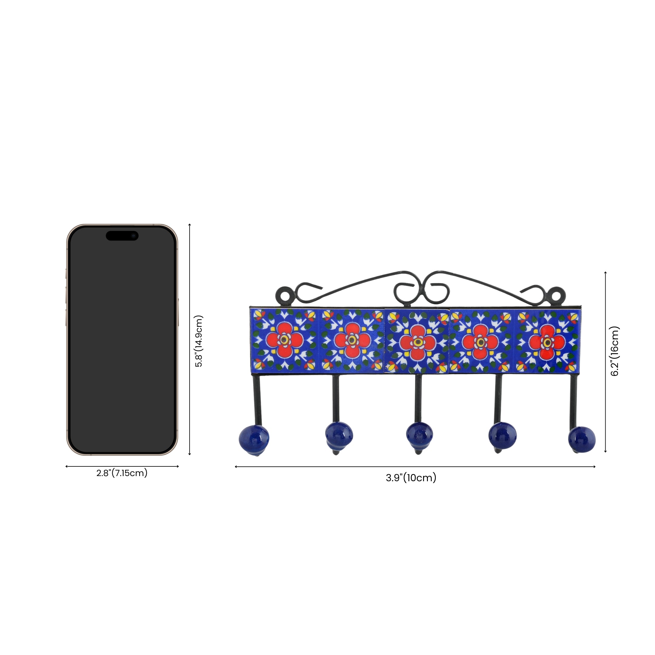 Blue Pottery Decorative Key Holder—Blue—5 Hooks