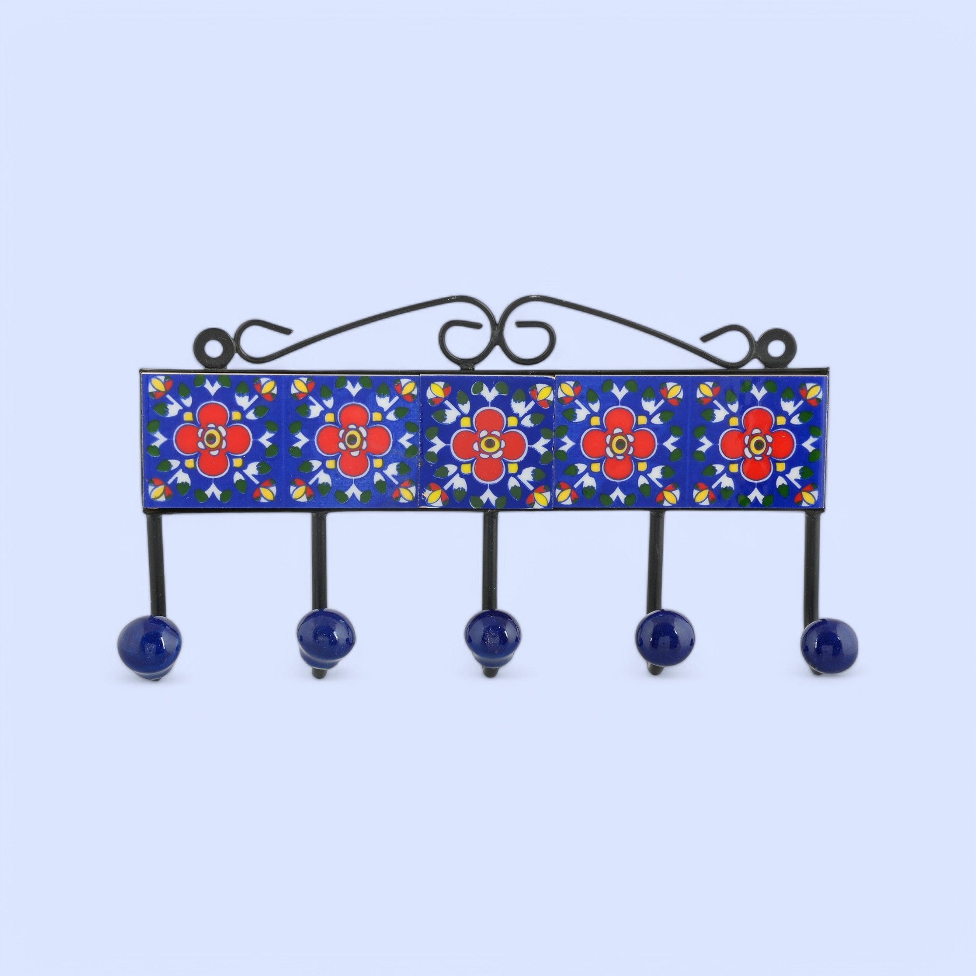 Blue Pottery Decorative Key Holder—Blue—5 Hooks