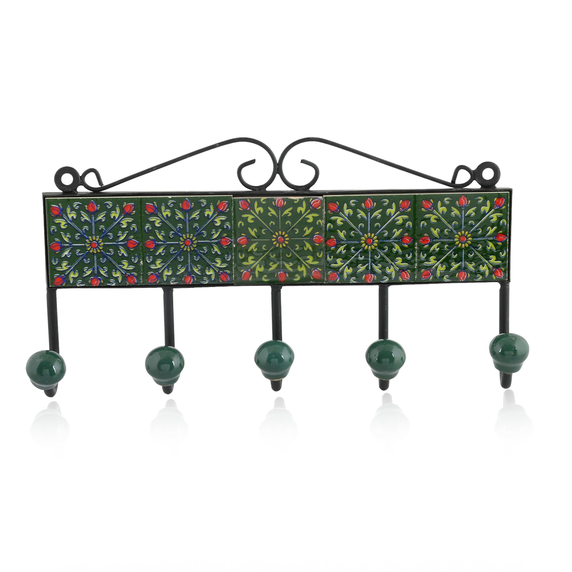 Blue Pottery Decorative Key Holder—Green—5 Hooks