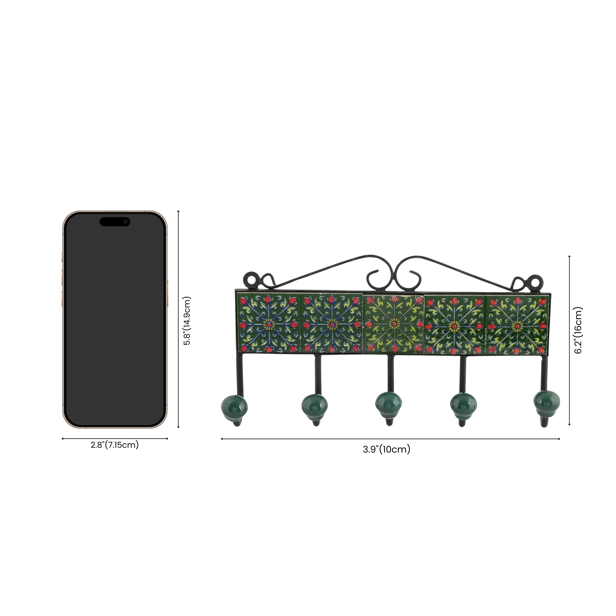 Blue Pottery Decorative Key Holder—Green—5 Hooks