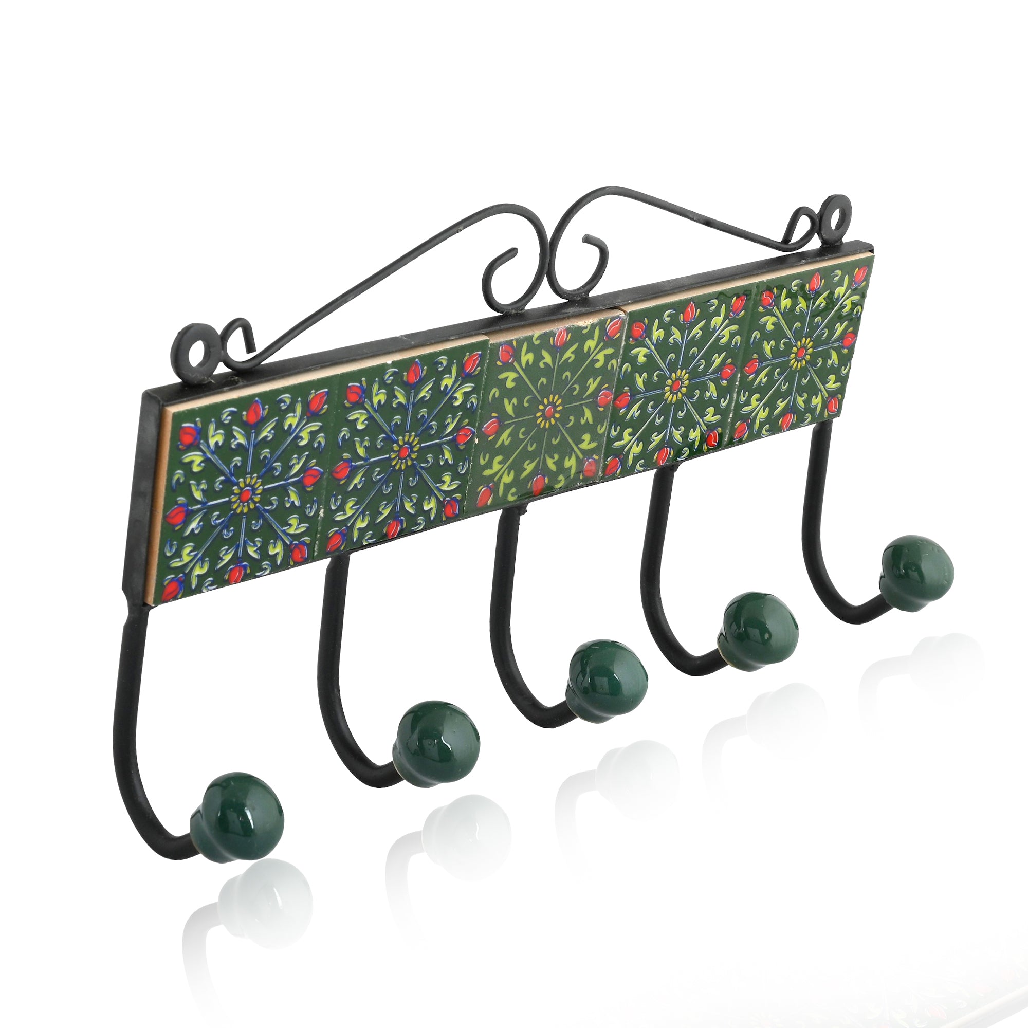 Blue Pottery Decorative Key Holder—Green—5 Hooks