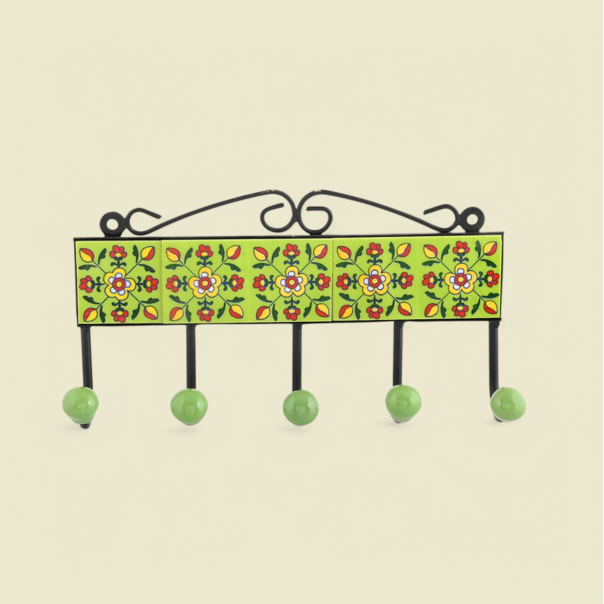Blue Pottery Decorative Key Holder—Lime Green—5 Hooks