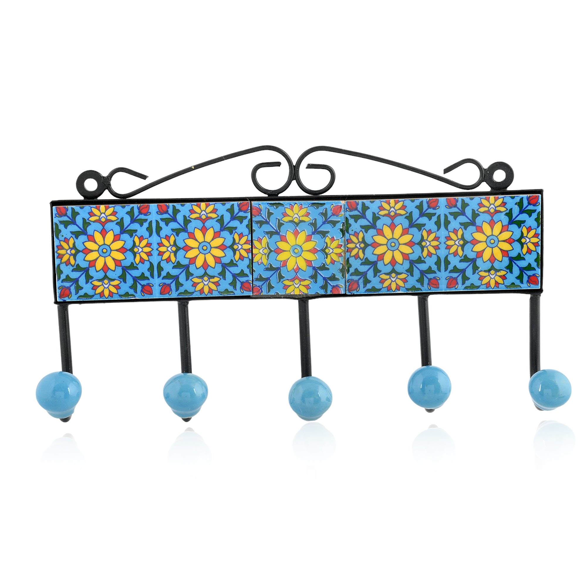 Blue Pottery Decorative Key Holder—Turquoise—5 Hooks