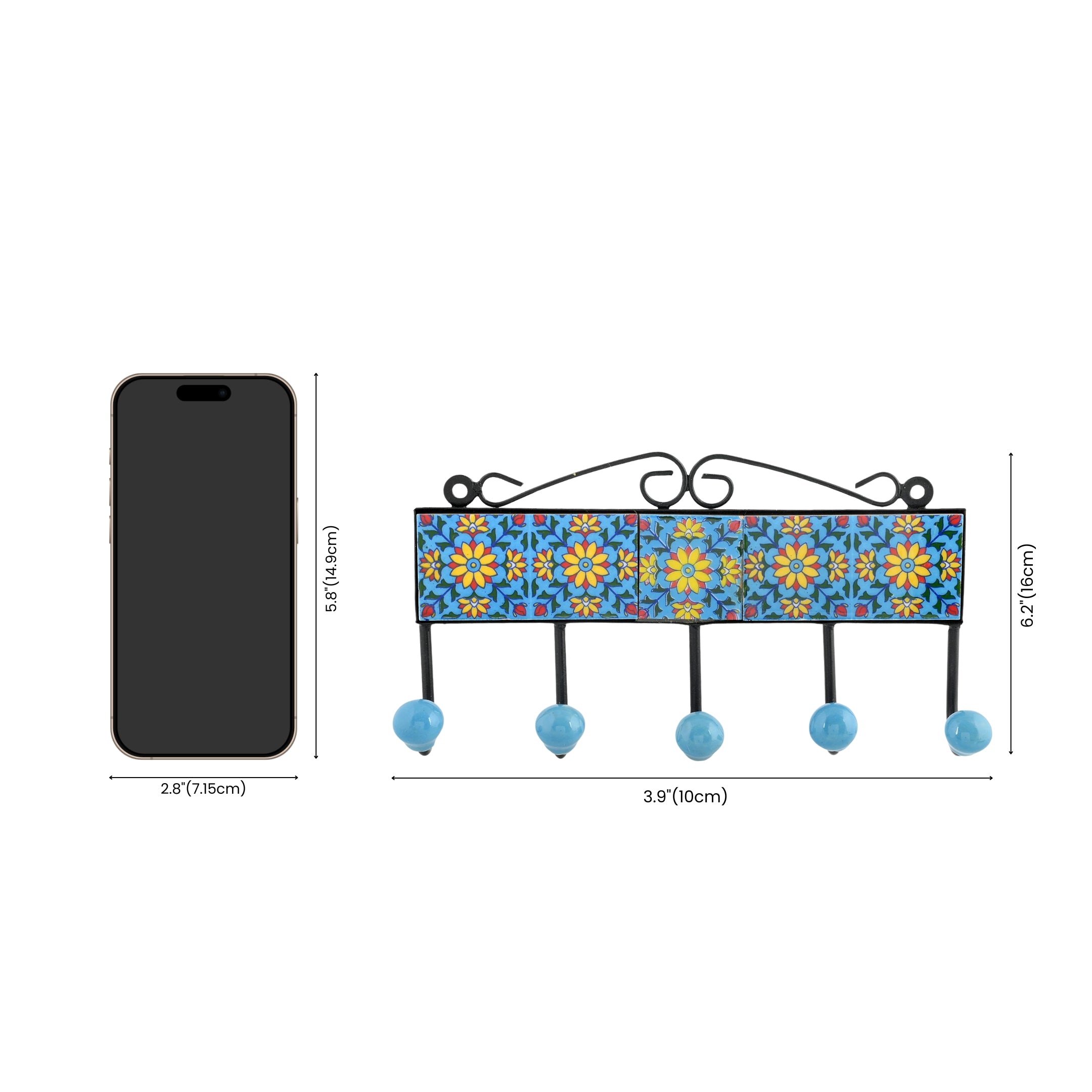 Blue Pottery Decorative Key Holder—Turquoise—5 Hooks