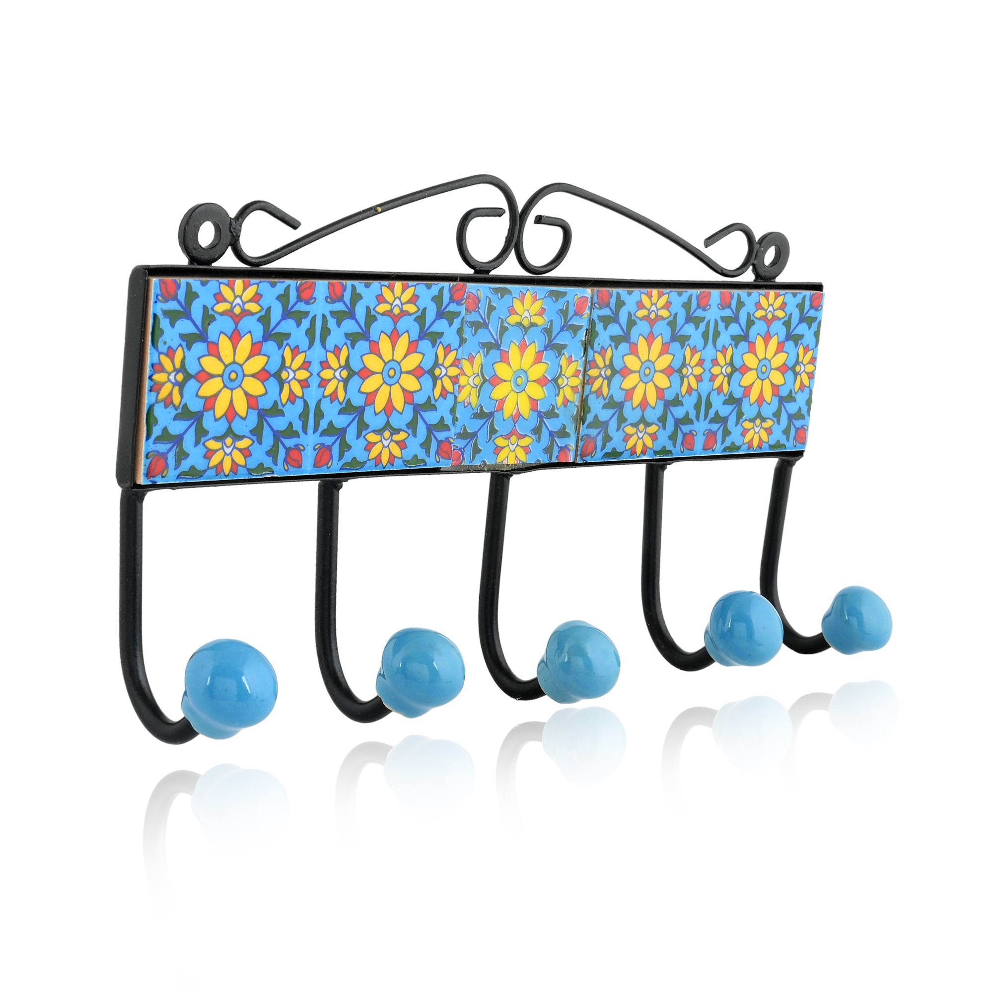 Blue Pottery Decorative Key Holder—Turquoise—5 Hooks