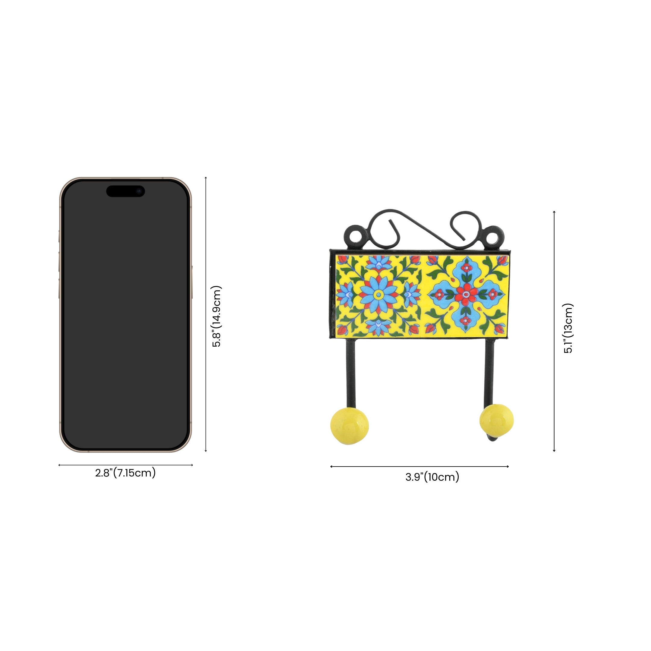 Blue Pottery Decorative Key Holder—Yellow—2 Hooks