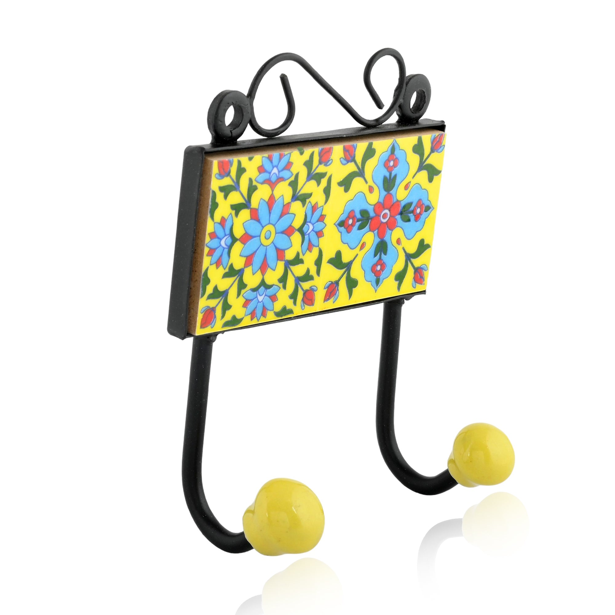 Blue Pottery Decorative Key Holder—Yellow—2 Hooks