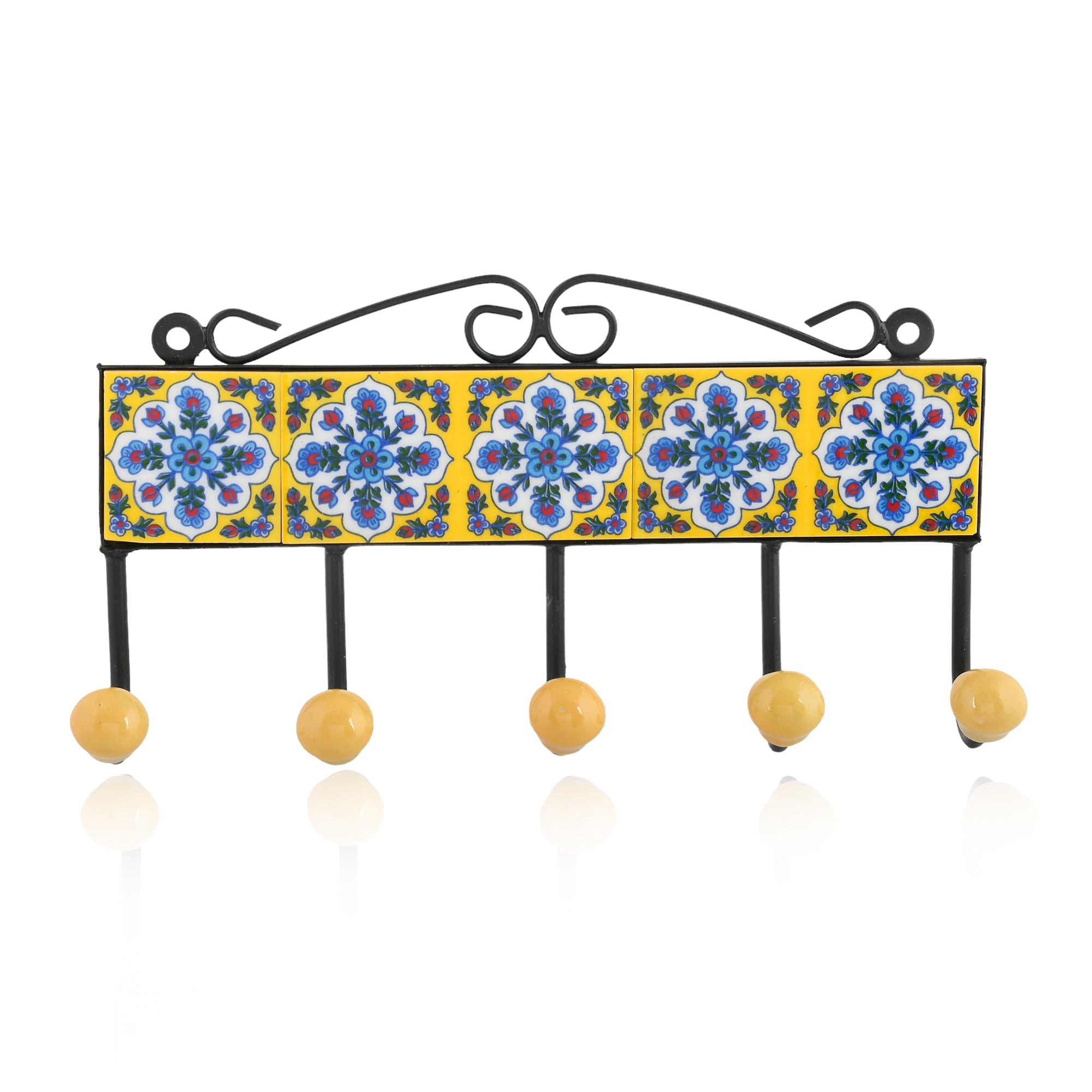 Blue Pottery Decorative Key Holder—Yellow—5 Hooks
