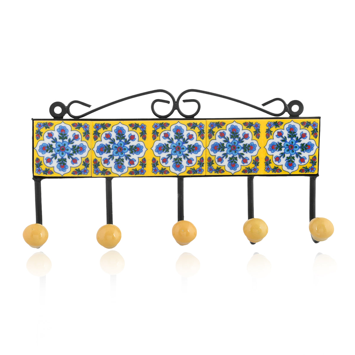 Blue Pottery Inspired Decorative Key Holder—Yellow—5 Hooks – Natriel