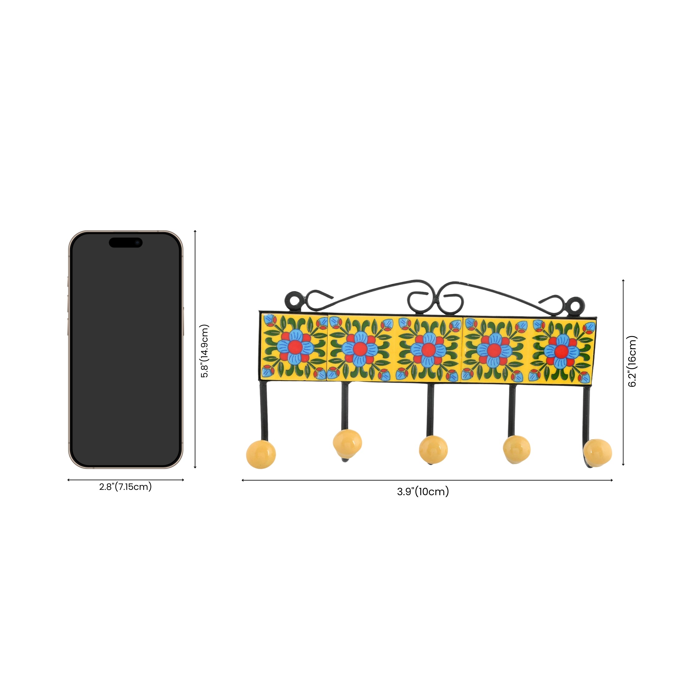Blue Pottery Decorative Key Holder—Yellow—5 Hooks