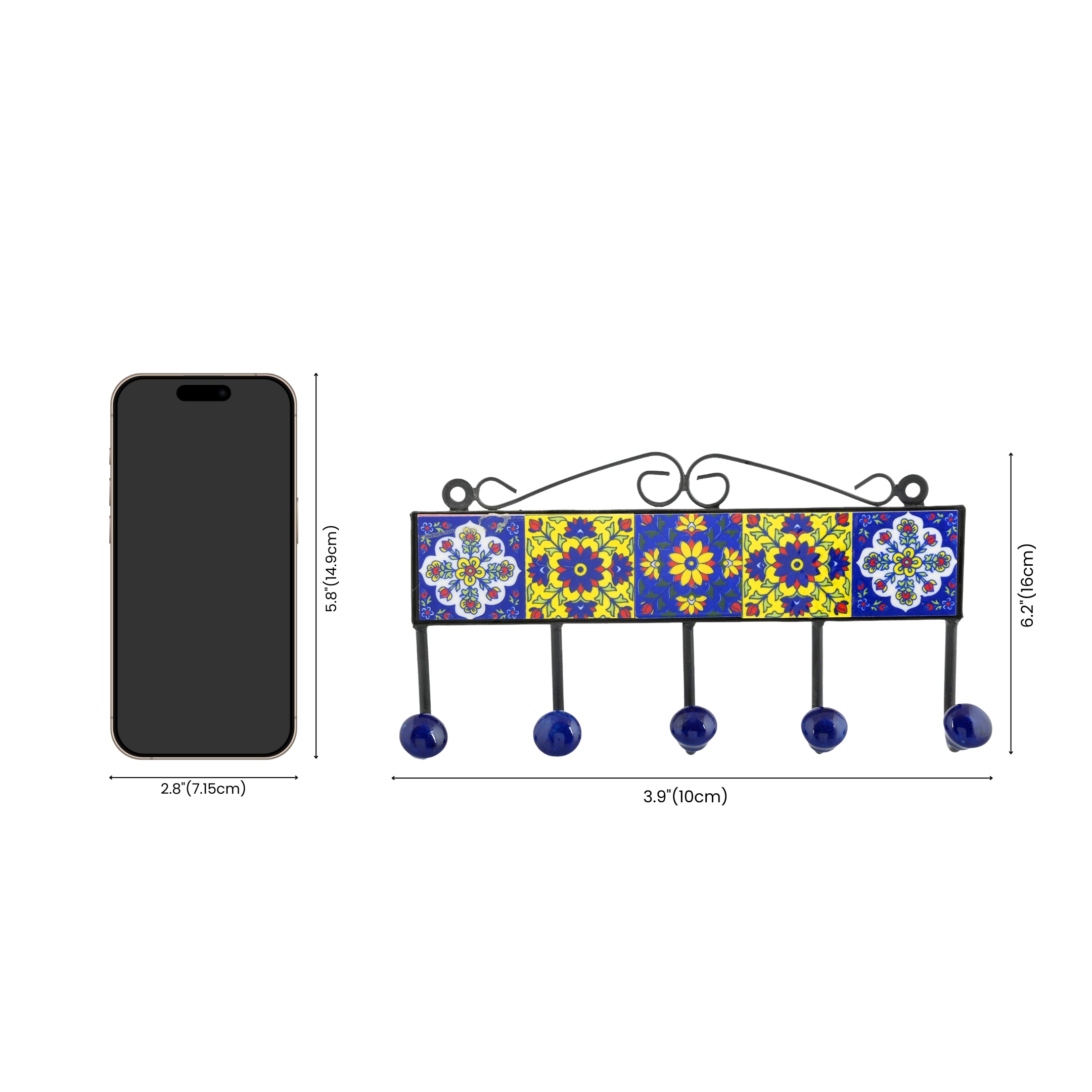Blue Pottery Decorative Key Holder—Yellow & Blue—5 Hooks