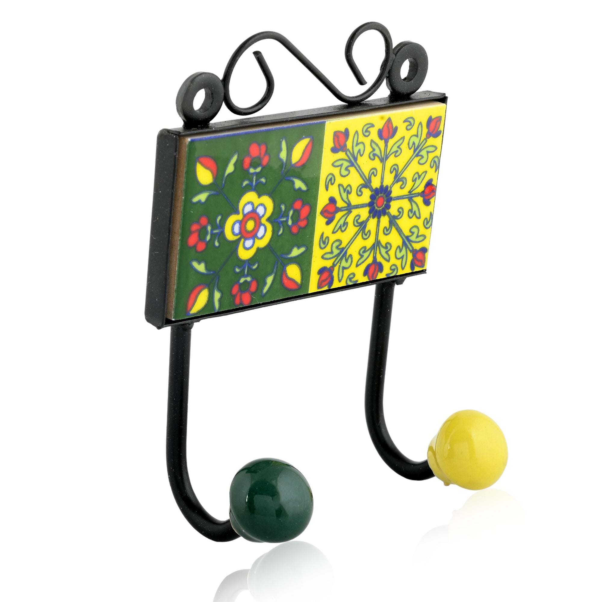 Blue Pottery Decorative Key Holder—Yellow & Green—2 Hooks