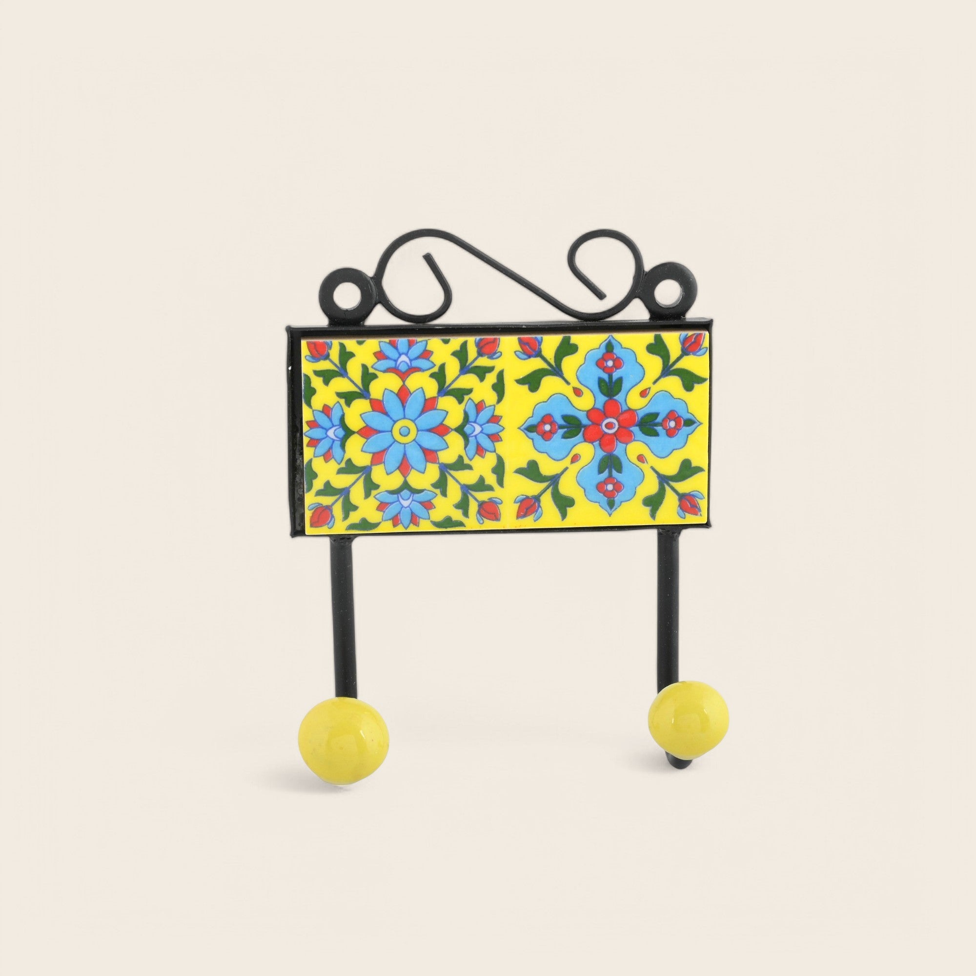 Blue Pottery Decorative Key Holder—Yellow—2 Hooks