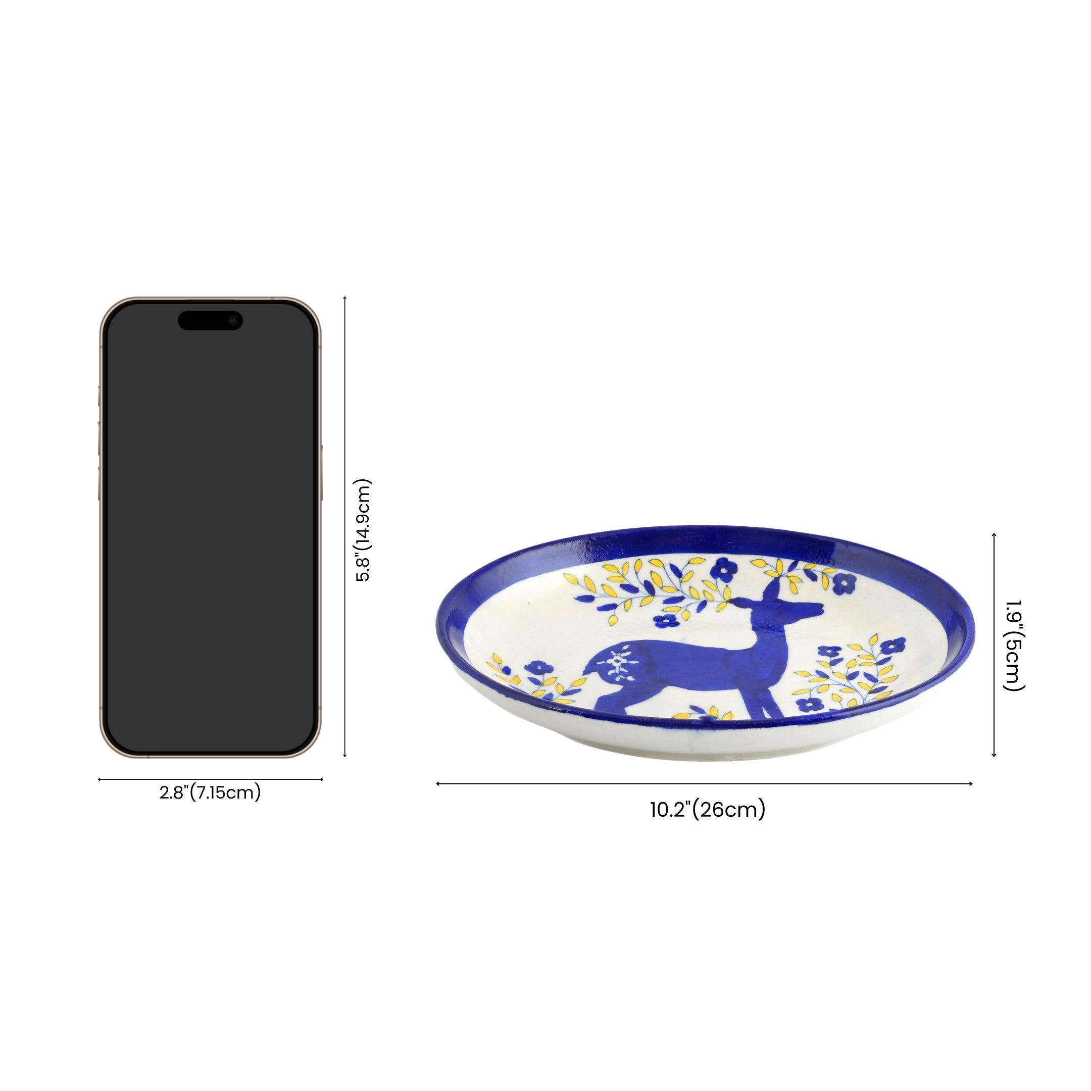 Blue Pottery Decorative Rice Plate—Reindeer Pattern—White and Blue