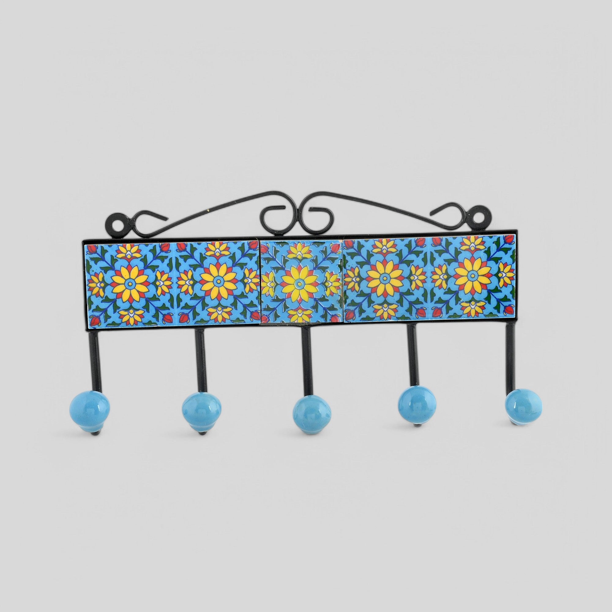 Blue Pottery Decorative Key Holder—Turquoise—5 Hooks