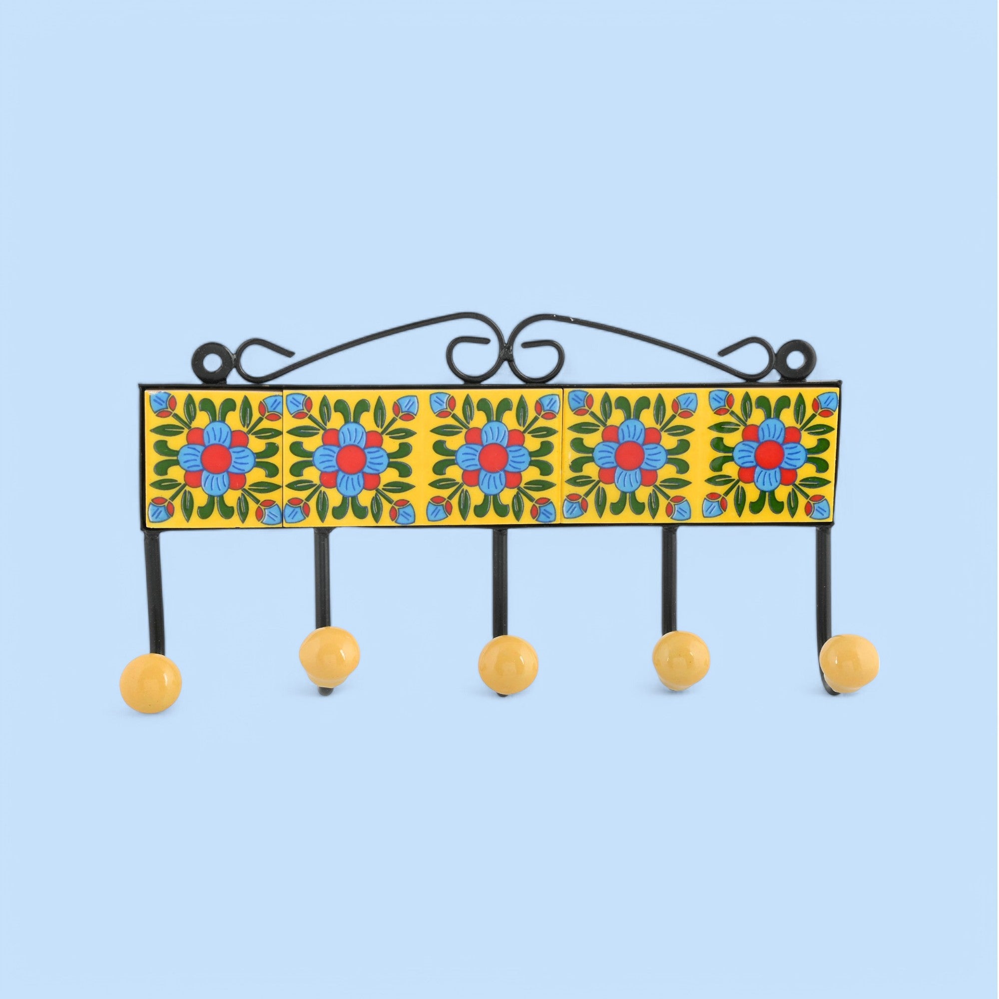 Blue Pottery Decorative Key Holder—Yellow—5 Hooks