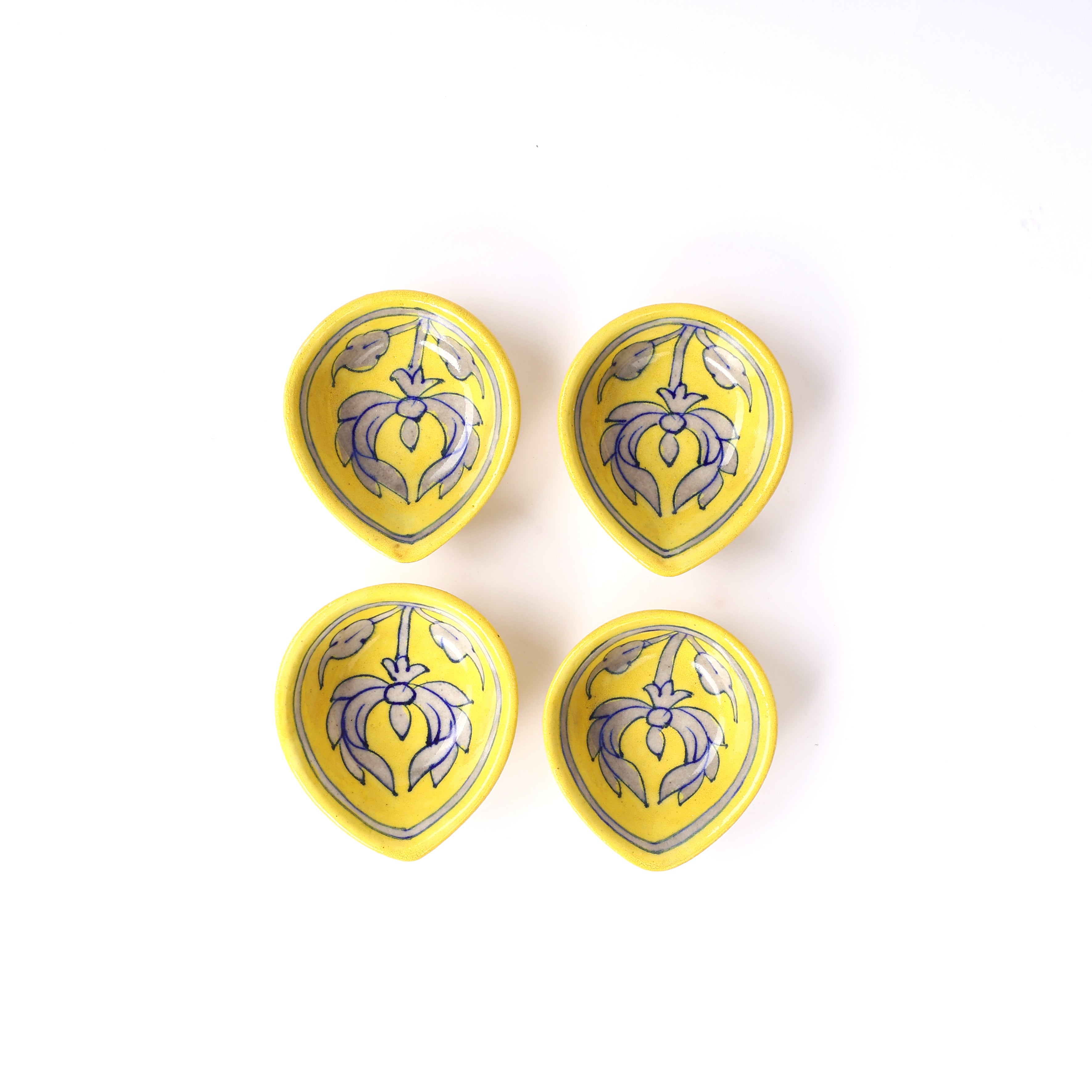 Blue Pottery Diyas - Set of 4 - Yellow