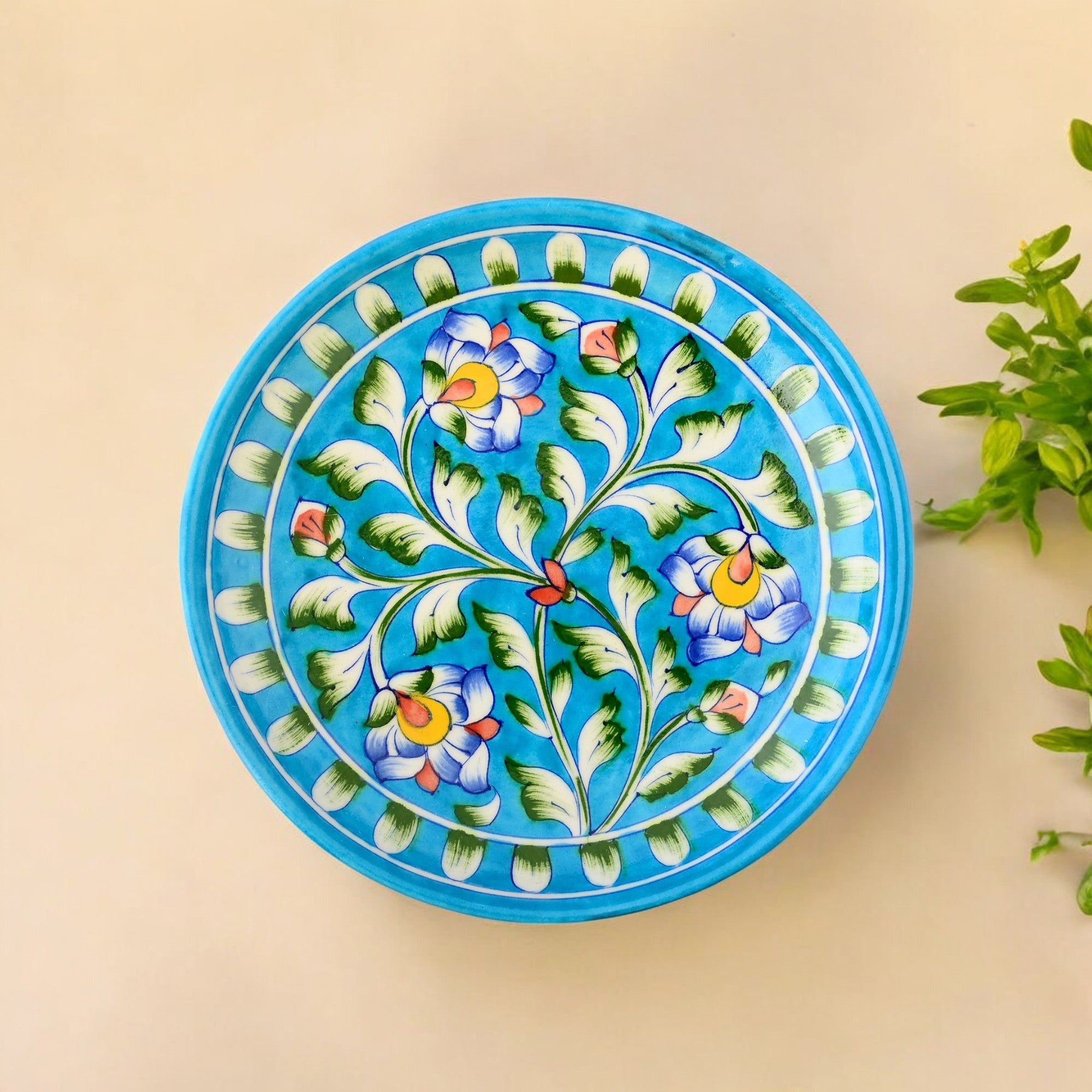 Blue Pottery Floral Pattern Decorative Plate—Turquoise—8”