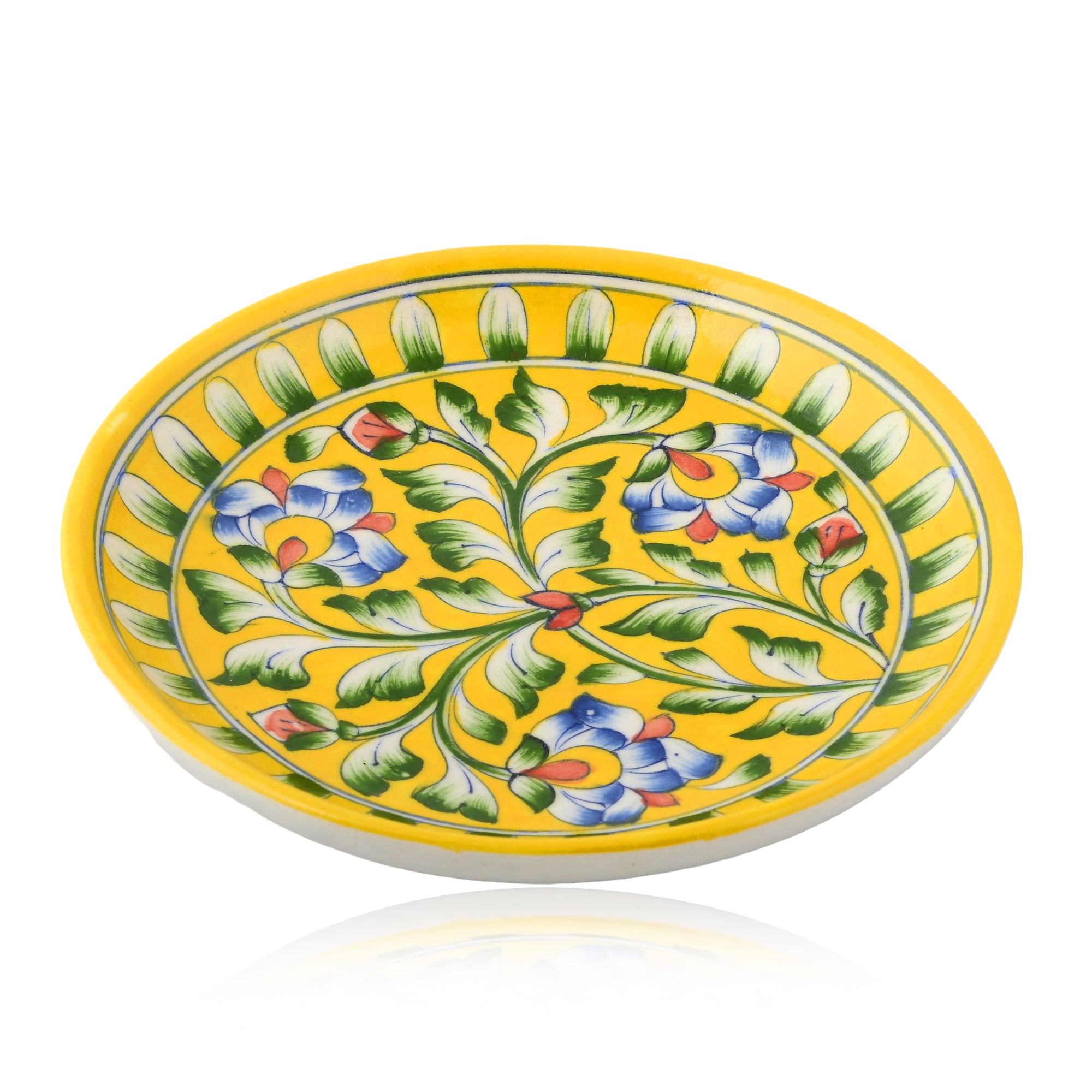 Blue Pottery Floral Pattern Decorative Plate—Yellow—8”