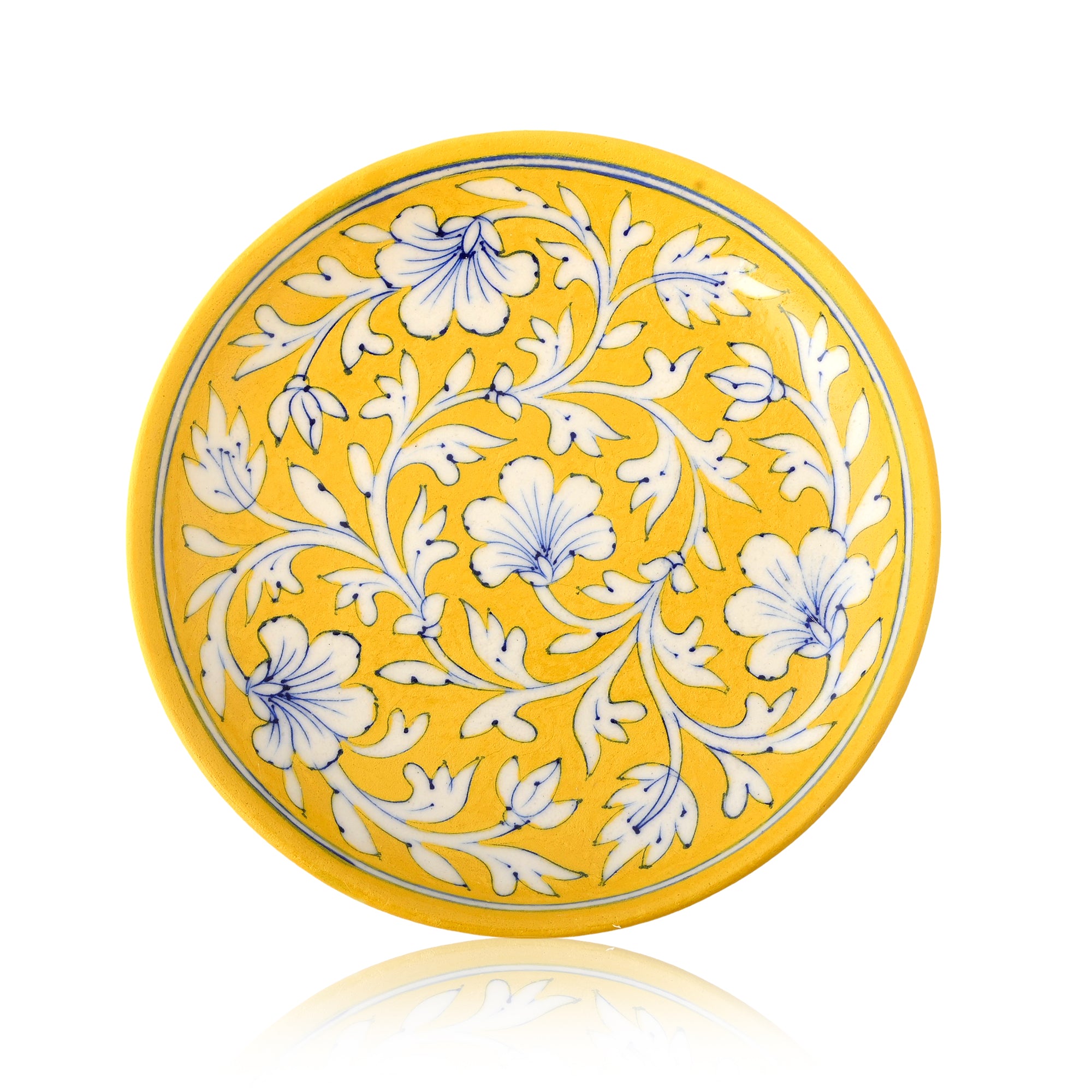 Blue Pottery Floral Pattern Decorative Plate—Yellow—8”