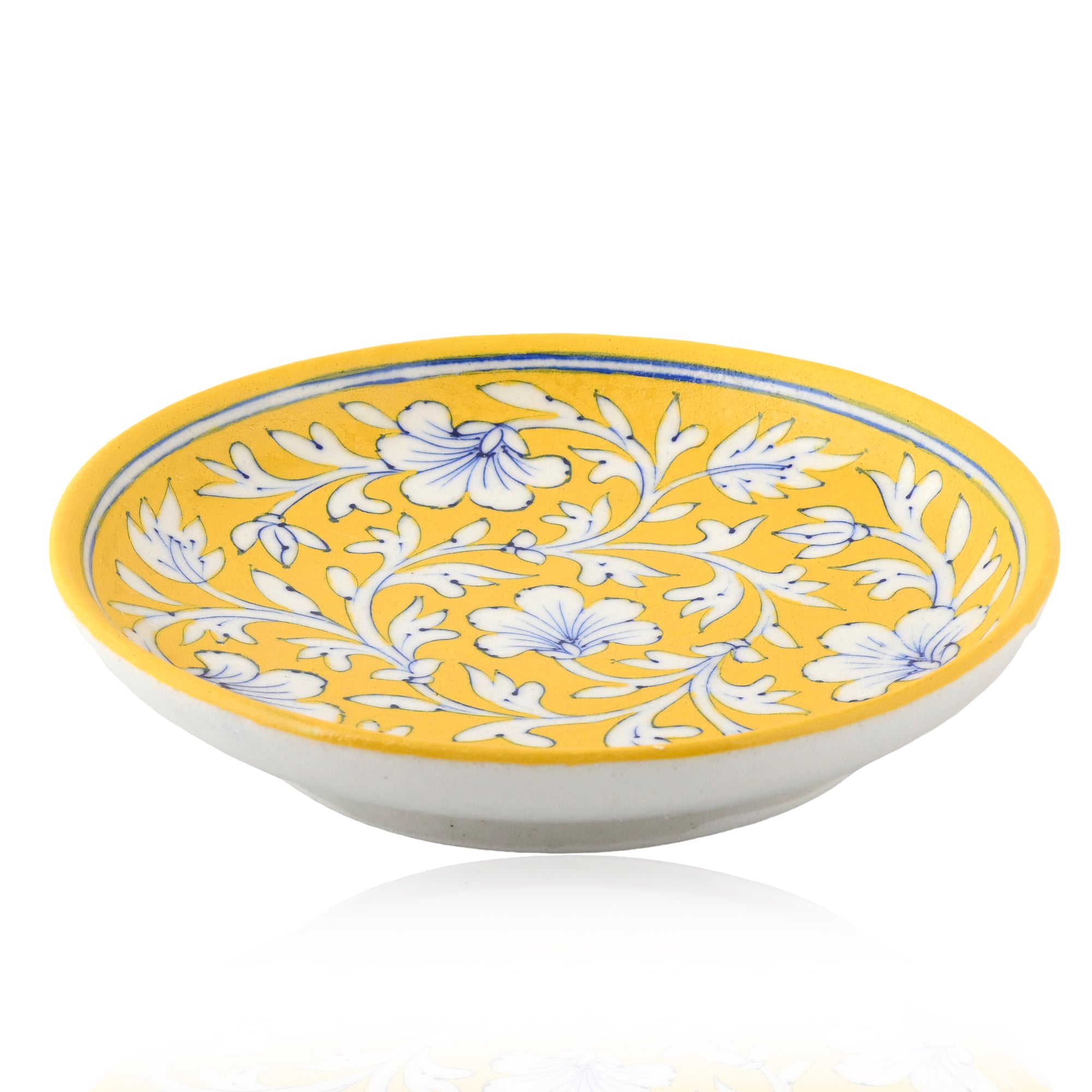 Blue Pottery Floral Pattern Decorative Plate—Yellow—8”