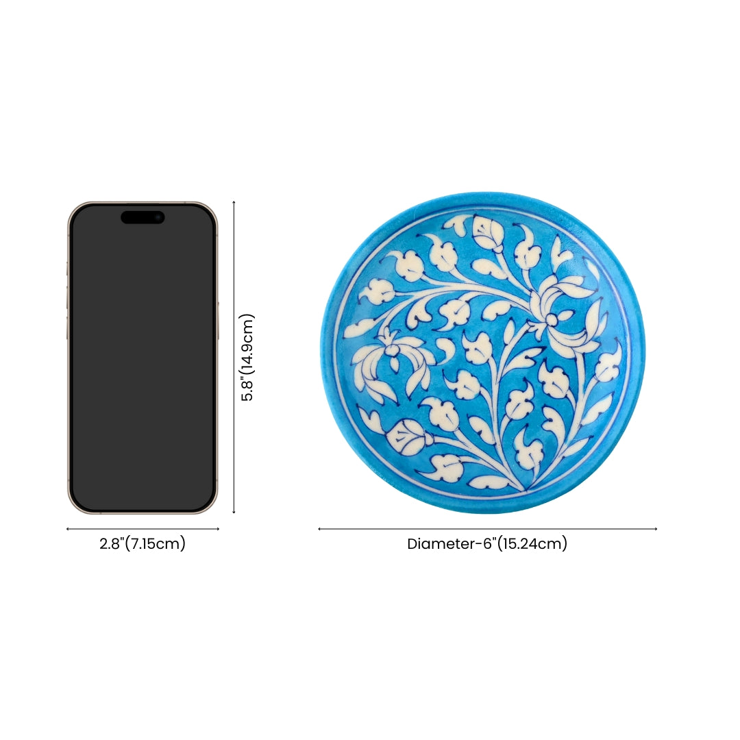 Blue Pottery Floral Pattern Decorative Plate—Cyan Blue—6”