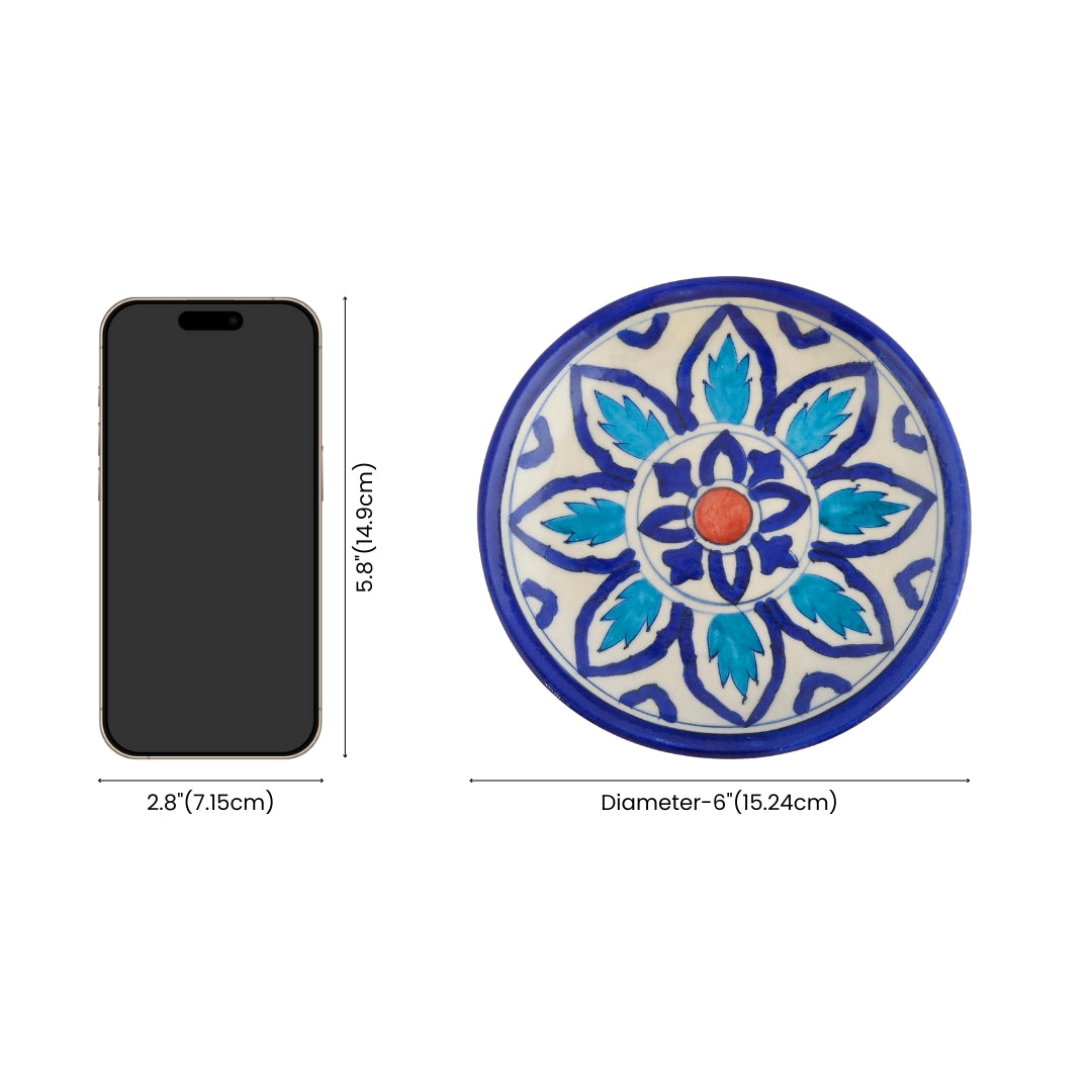 Blue Pottery Floral Pattern Decorative Plate—White & Blue—6”