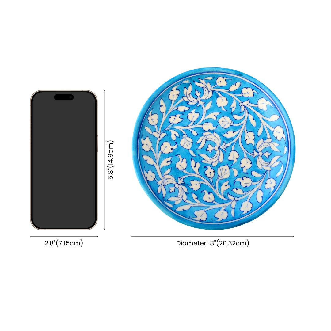 Blue Pottery Floral Pattern Decorative Plate—Turquoise Blue—8”
