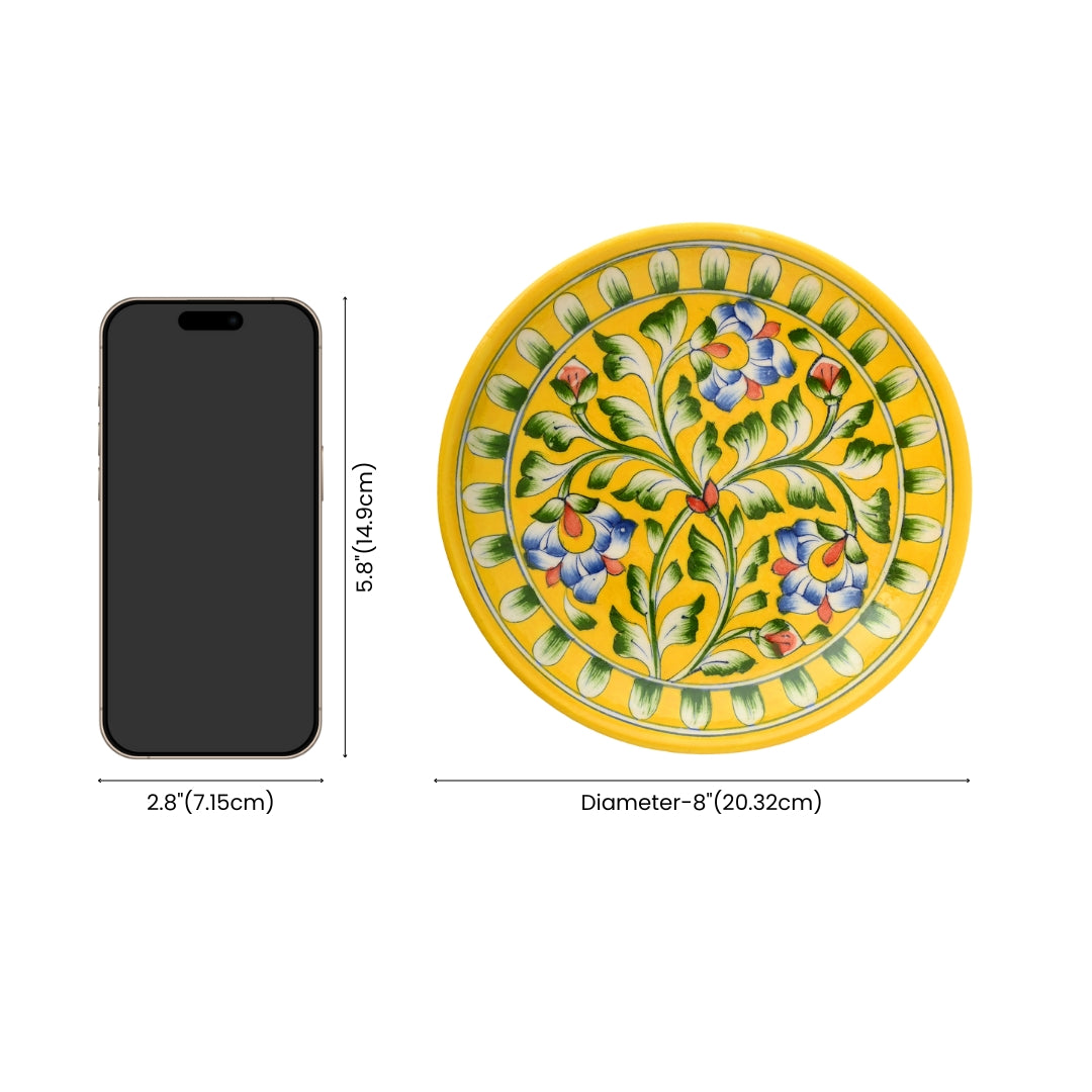 Blue Pottery Floral Pattern Decorative Plate—Yellow—8”