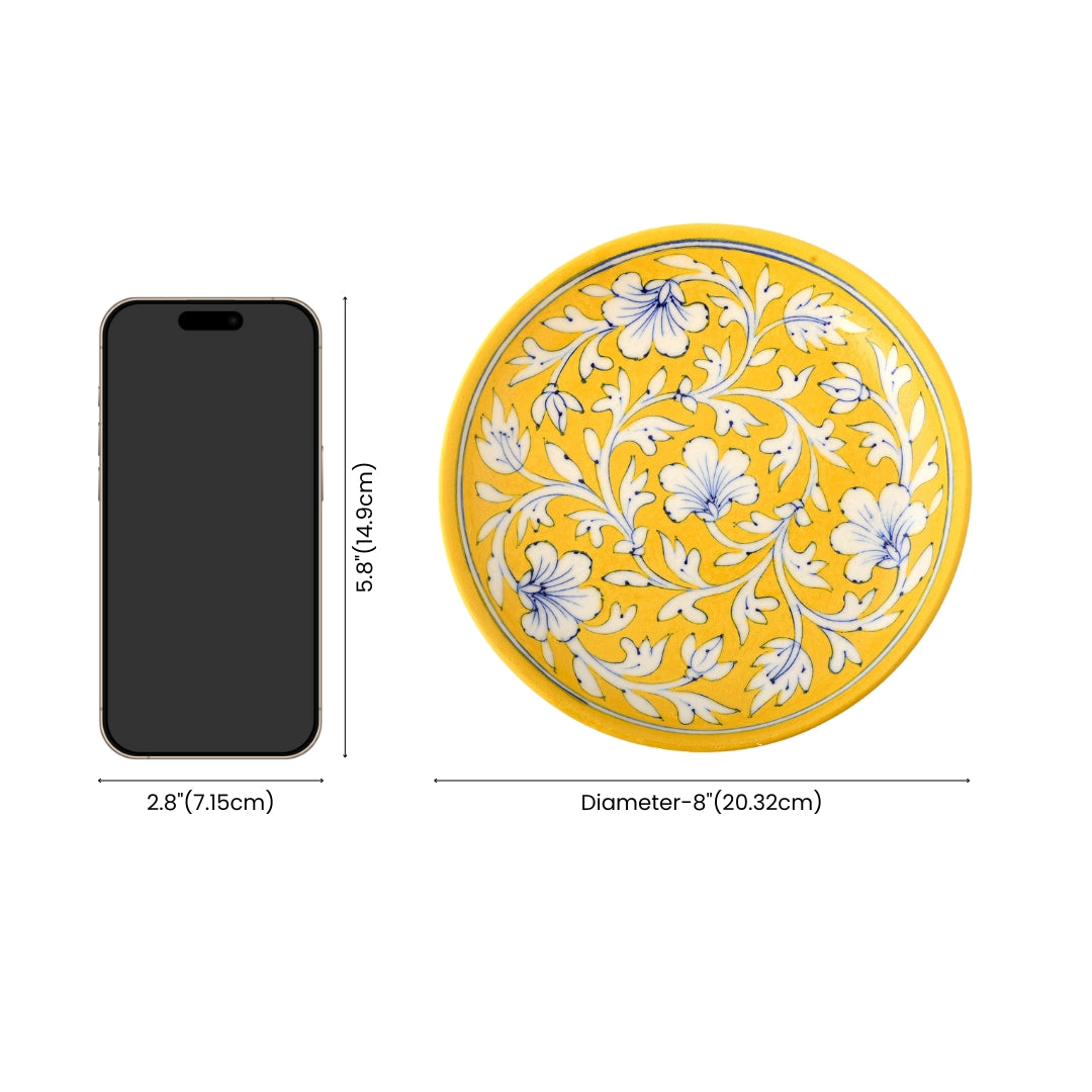 Blue Pottery Floral Pattern Decorative Plate—Yellow—8”