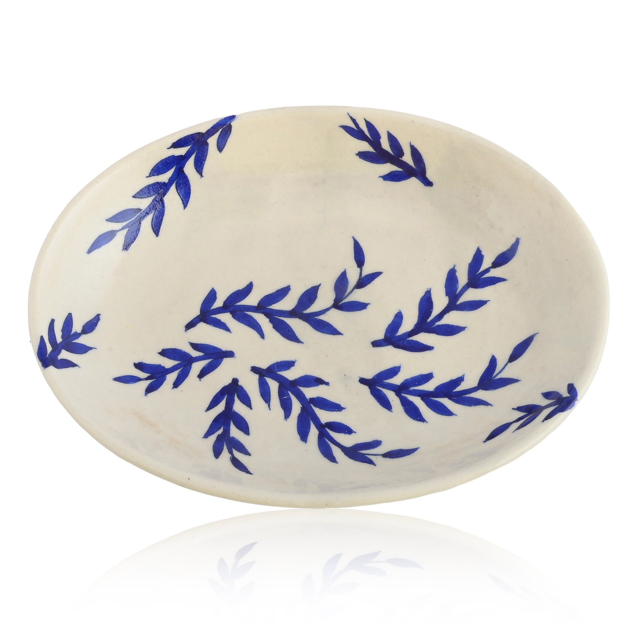 Blue Pottery Foliage Pattern Decorative Rice Plate—White