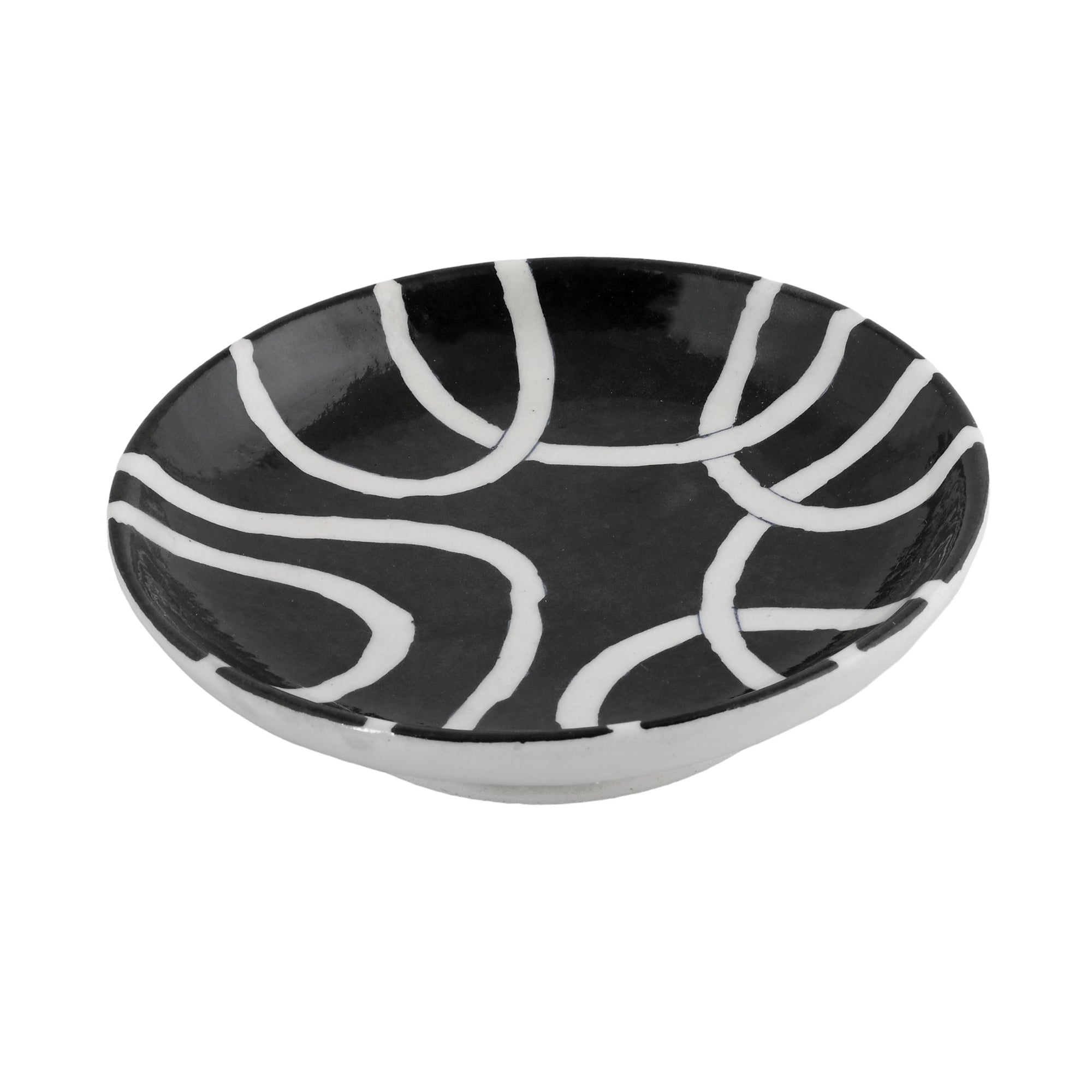 Blue Pottery Geometric Pattern Decorative Plate—Black & White—6”