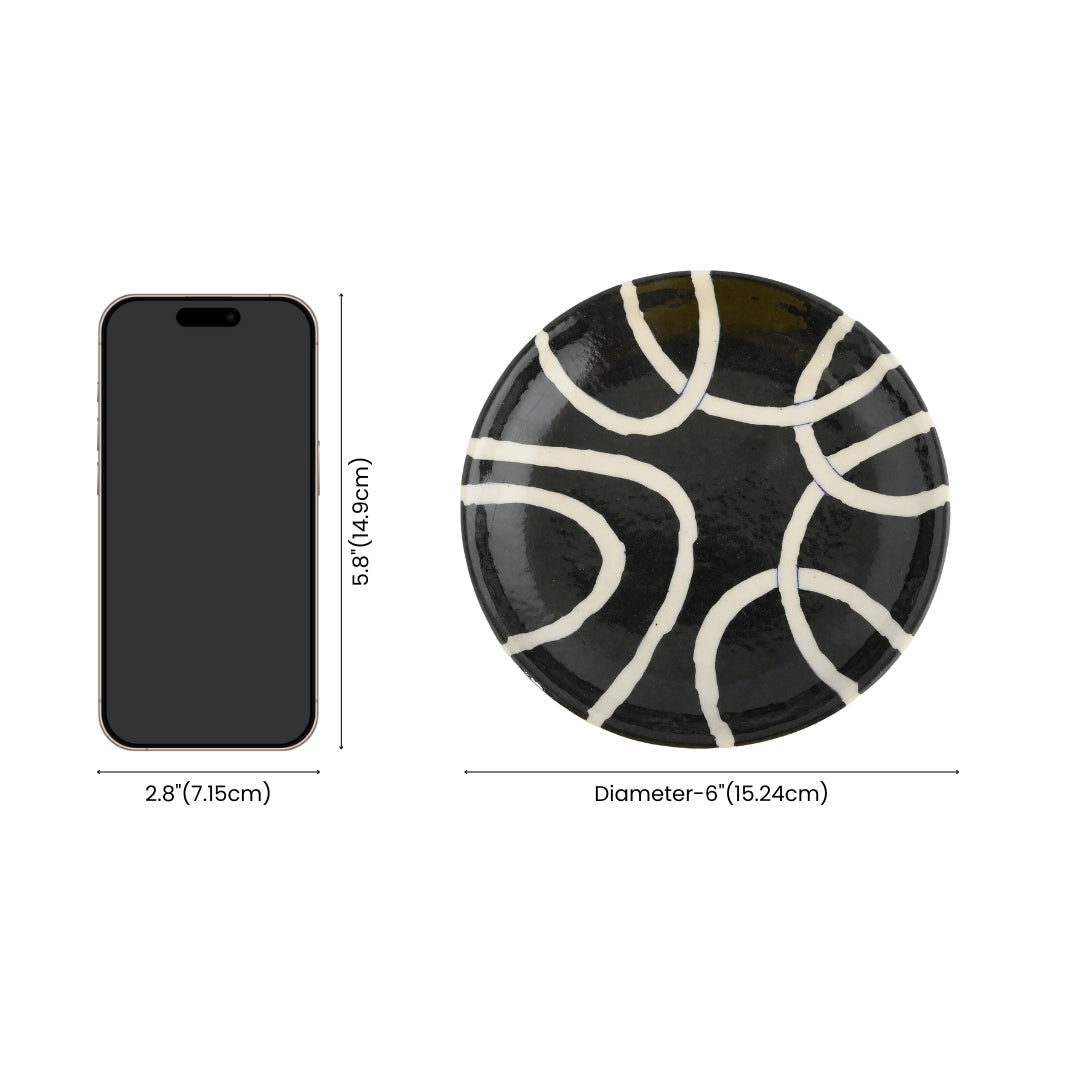 Blue Pottery Geometric Pattern Decorative Plate—Black & White—6”