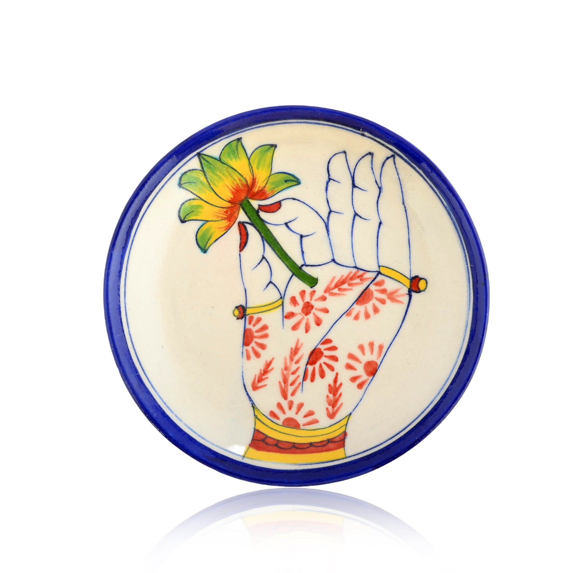 Blue Pottery Hand & Floral Pattern Decorative Plate—Ivory and Blue—6”