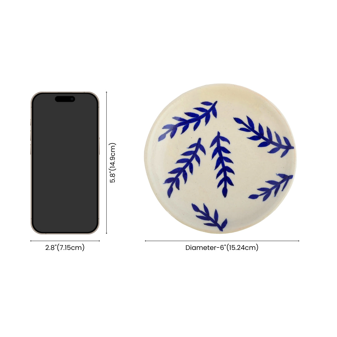 Blue Pottery Leaves Pattern Decorative Plate—White and Blue —6”