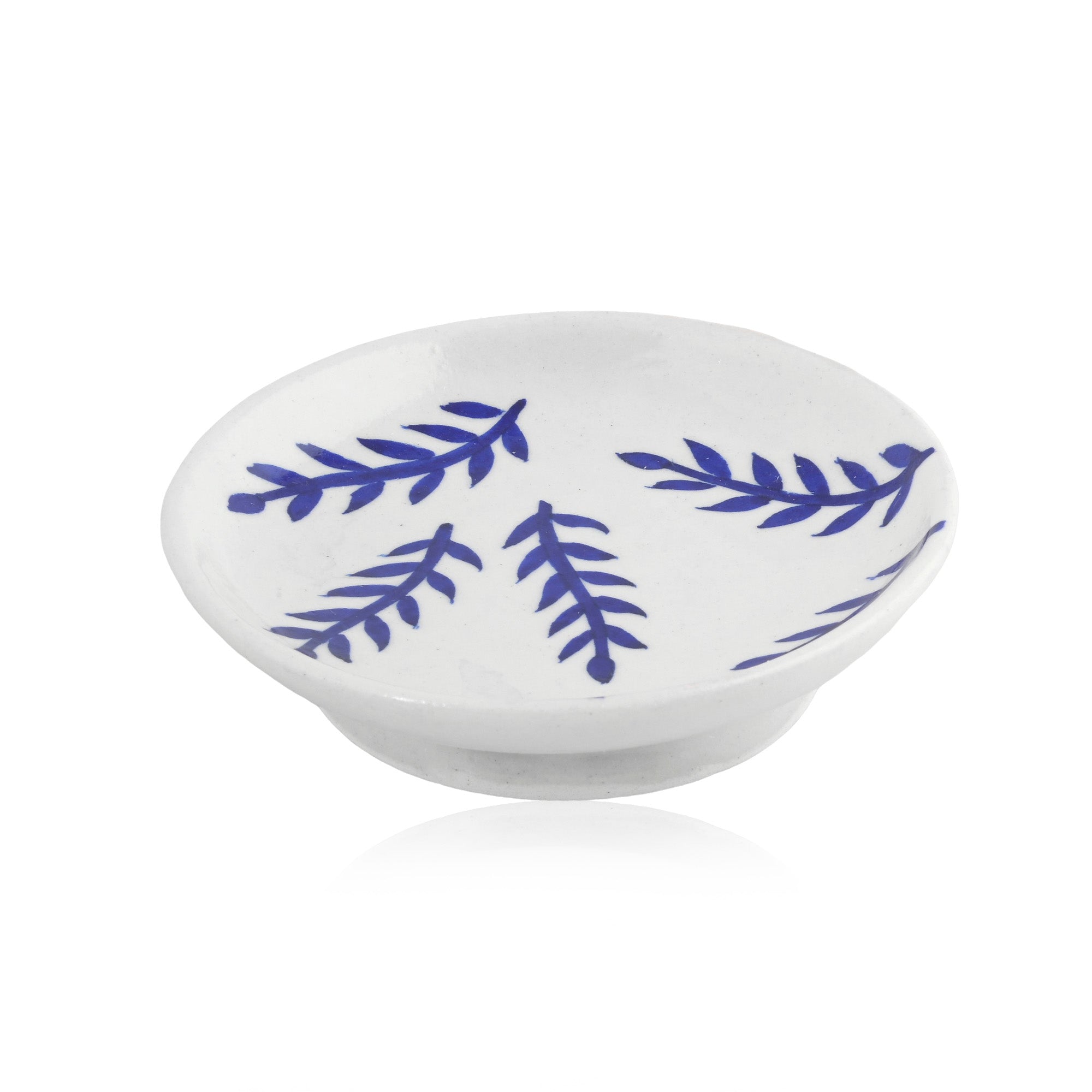 Blue Pottery Leaves Pattern Decorative Plate—White and Blue —6”