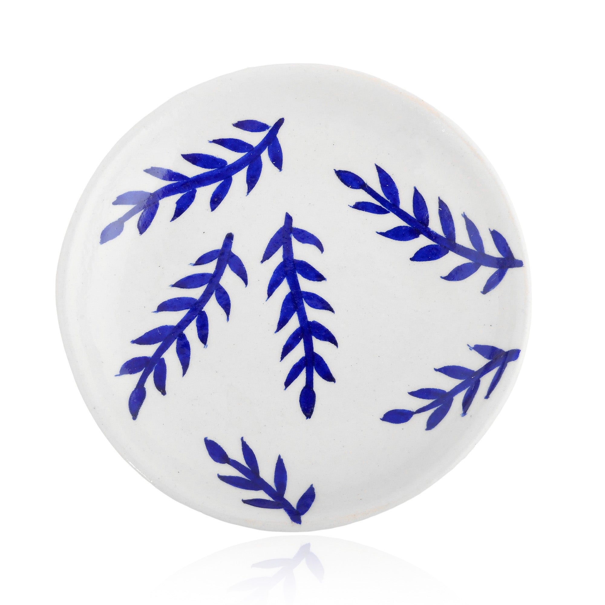 Blue Pottery Leaves Pattern Decorative Plate—White and Blue —6”