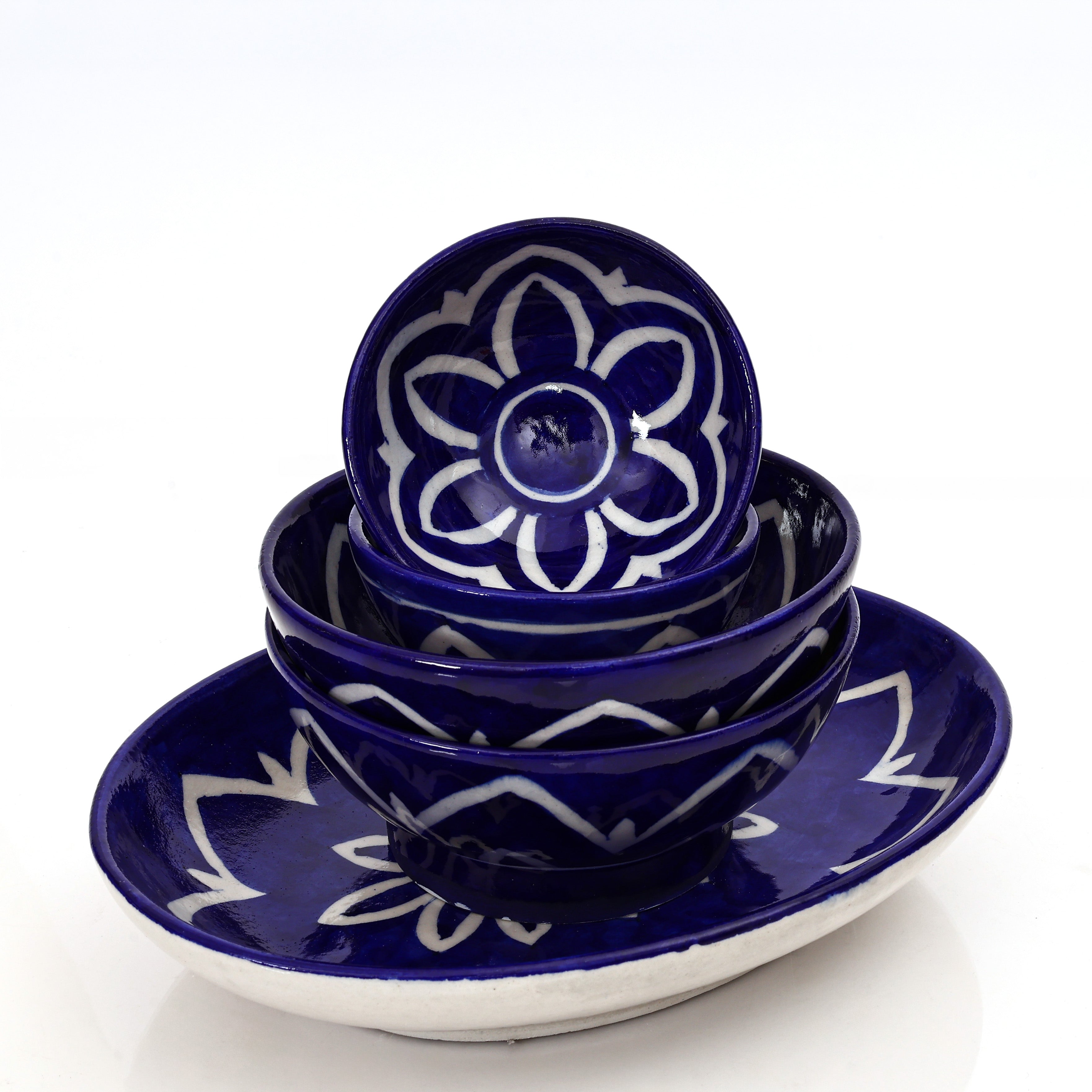 Blue Pottery Lotus Collection - Elegant 3-Piece Serving Set