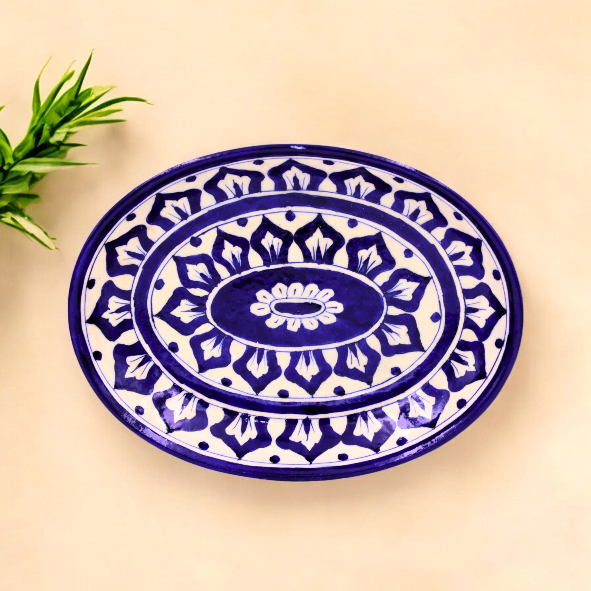 Blue Pottery Oval Decorative  Plate