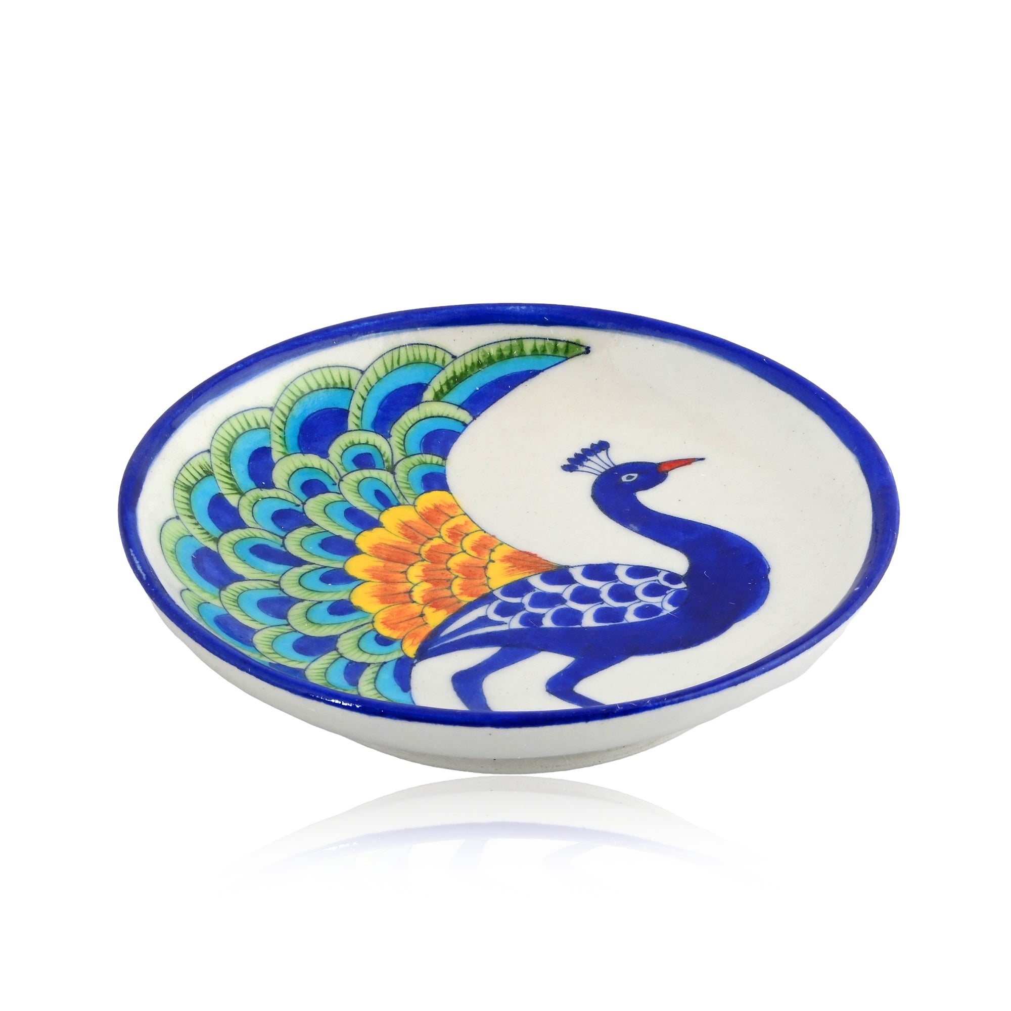 Blue Pottery Peacock Pattern Decorative Plate—White and Blue—6”