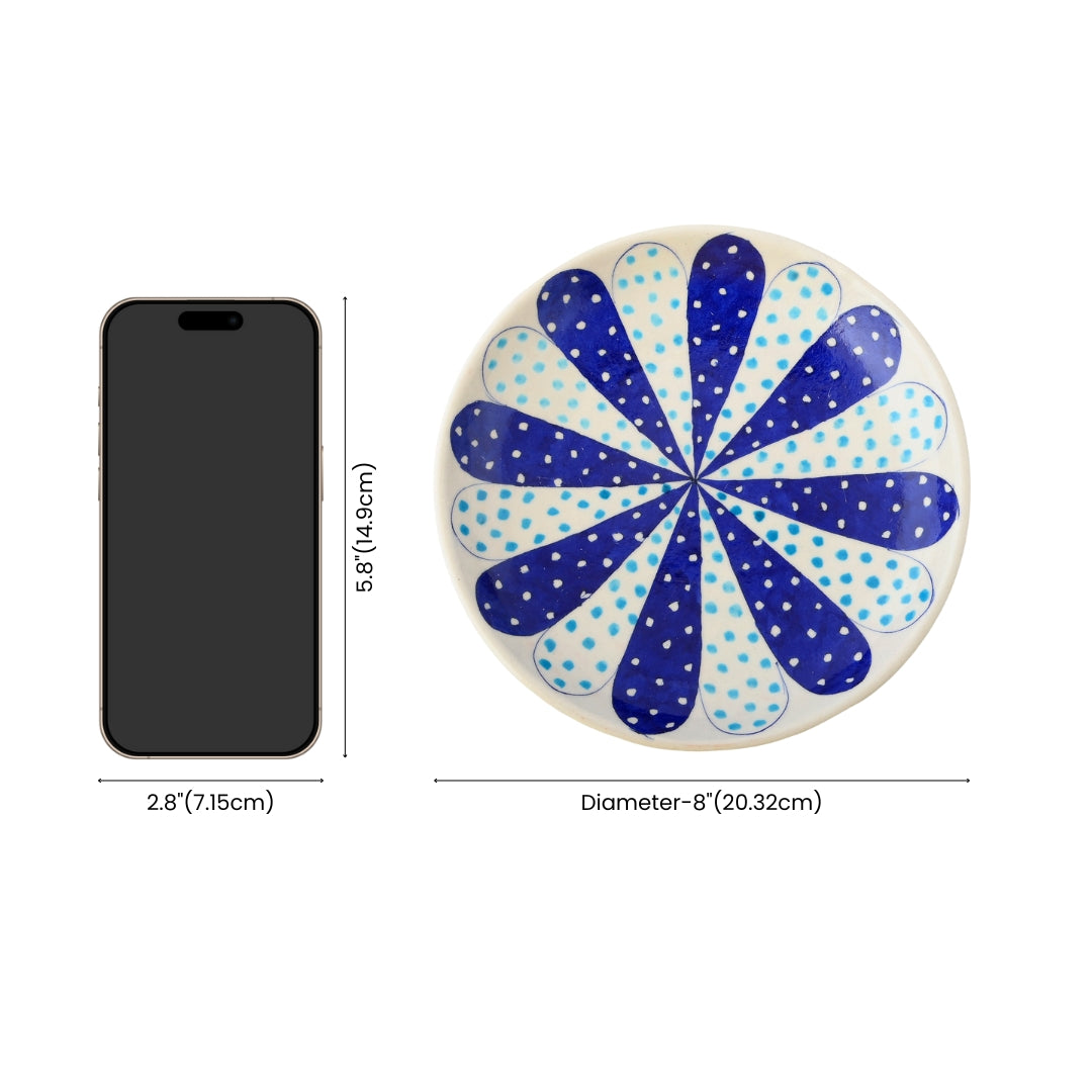 Blue Pottery Dotted Pattern Decorative Plate—White and Blue—8”