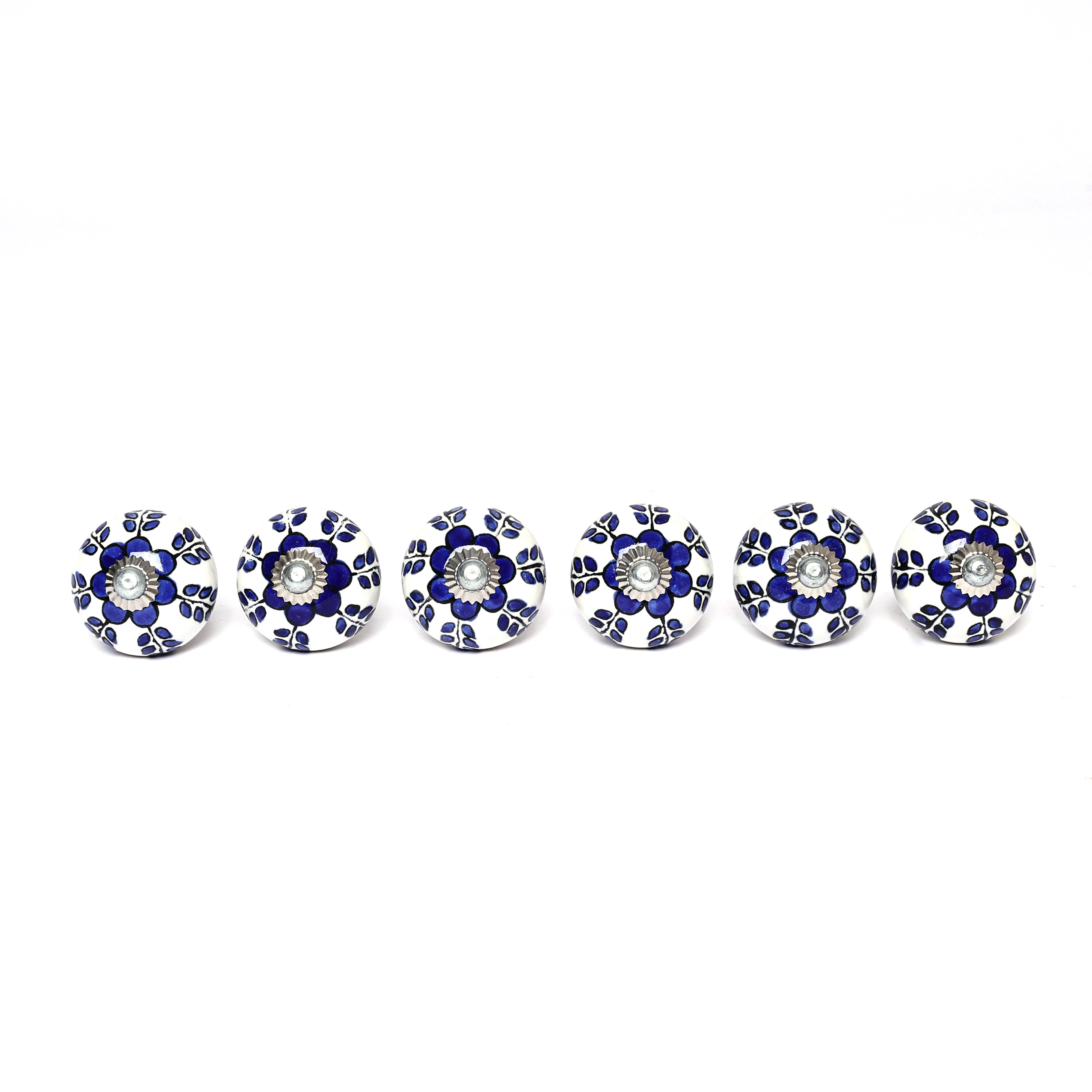 Blue and White Handcrafted and Hand painted Ceramic Knobs—Round Shaped—Set of 6—Floral and leafy Pattern