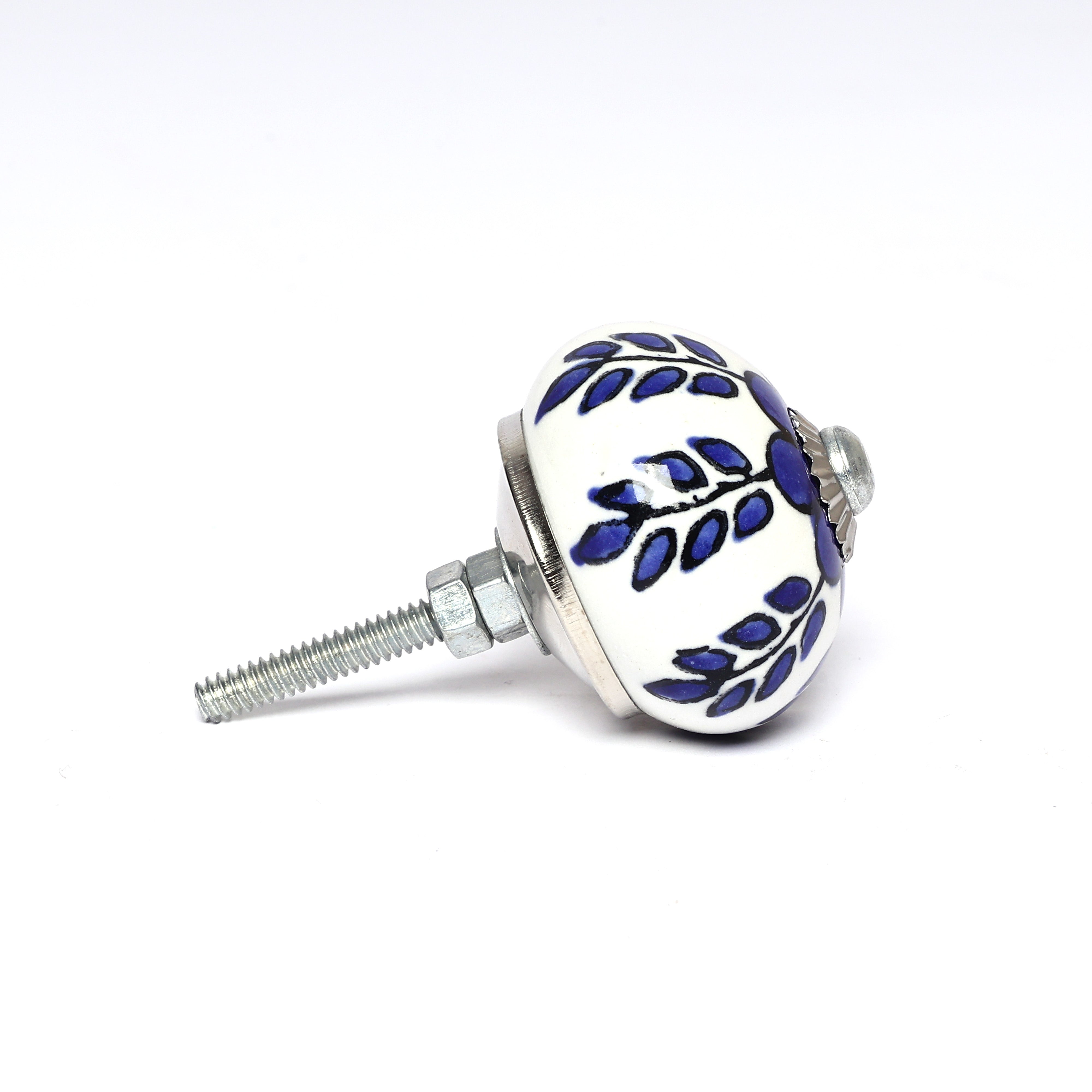 Blue and White Handcrafted and Hand painted Ceramic Knobs—Round Shaped—Set of 6—Floral and leafy Pattern
