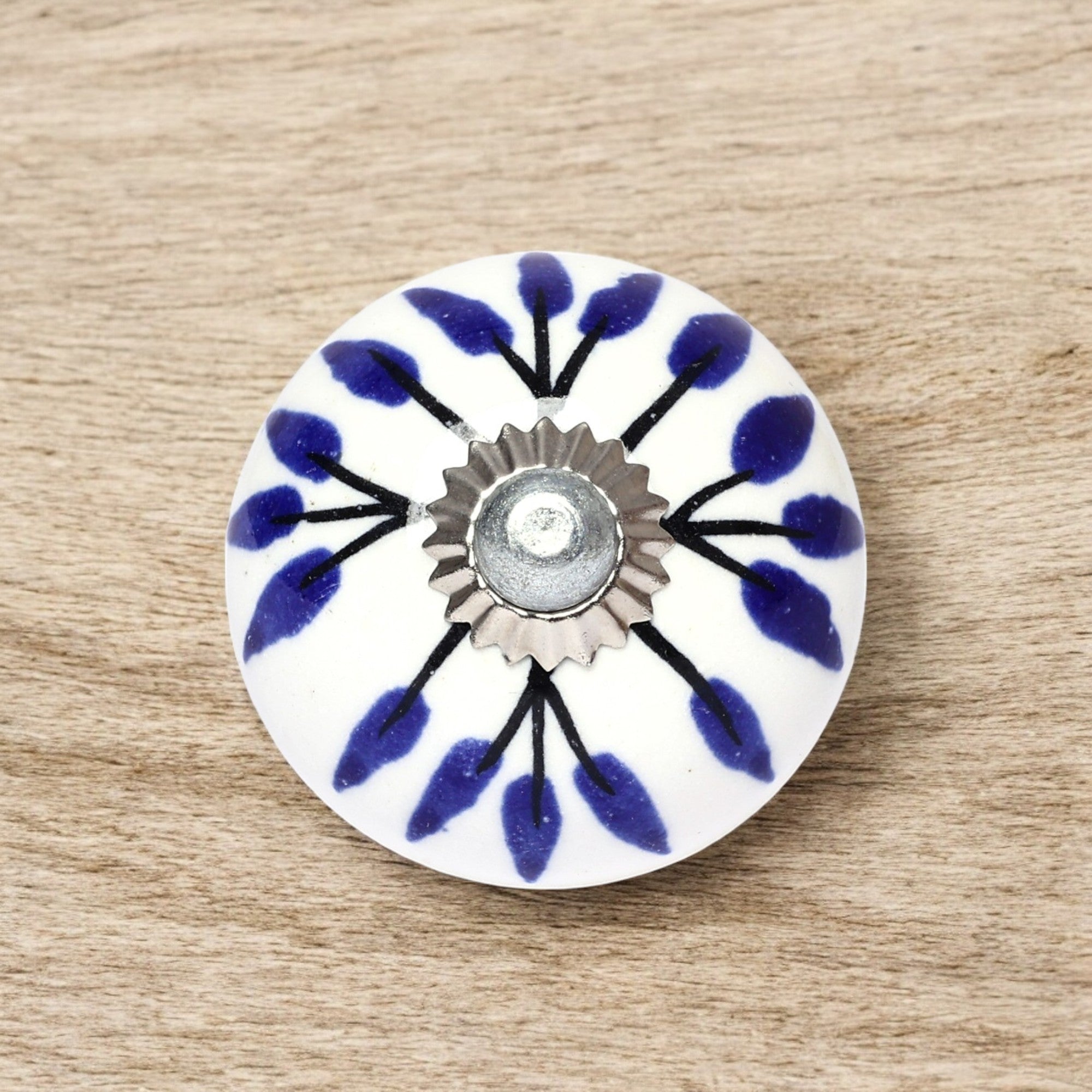 Blue and White Handcrafted and Hand painted Ceramic Knobs—Round Shaped—Set of 6—Leafy Pattern