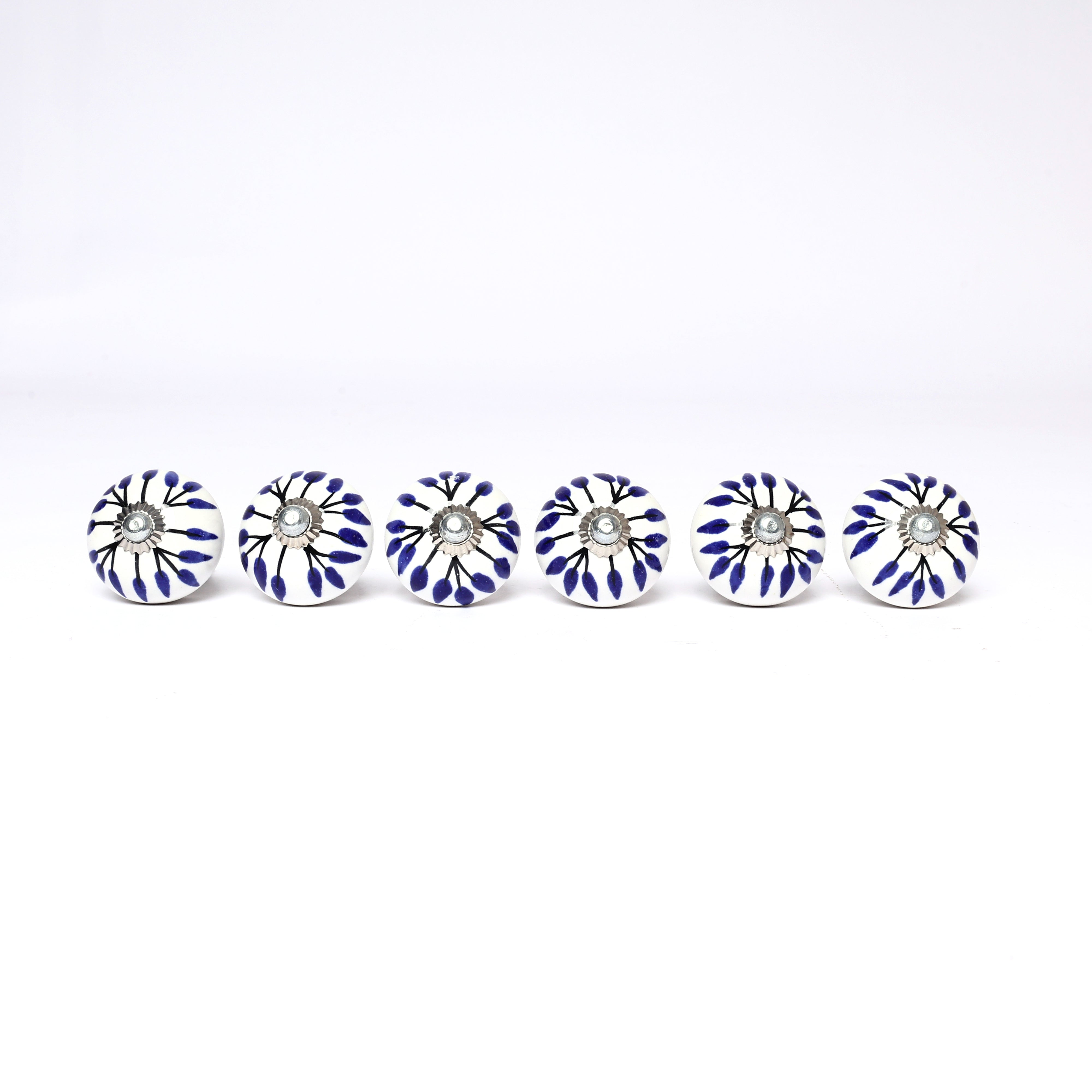 Blue and White Handcrafted and Hand painted Ceramic Knobs—Round Shaped—Set of 6—Leafy Pattern