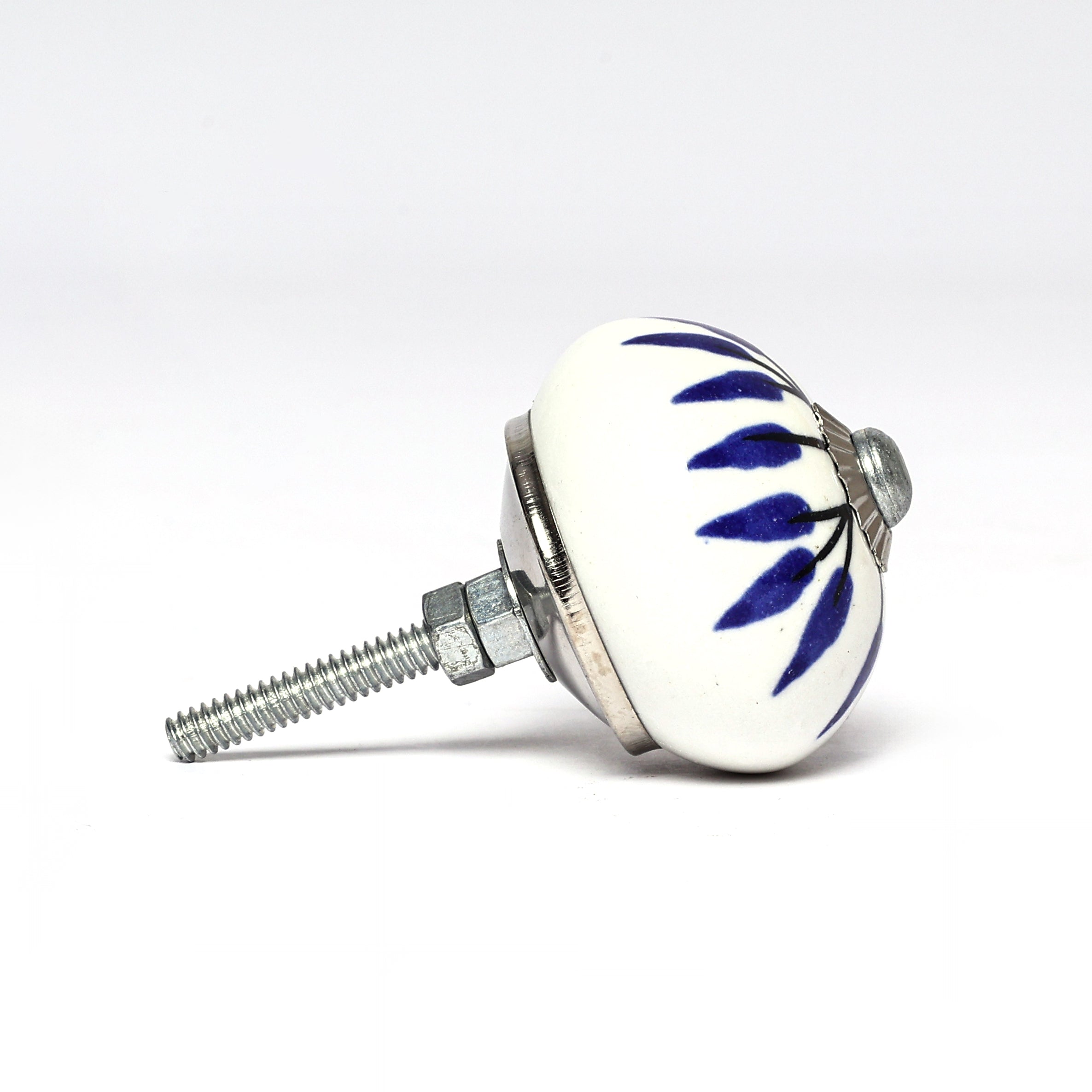 Blue and White Handcrafted and Hand painted Ceramic Knobs—Round Shaped—Set of 6—Leafy Pattern