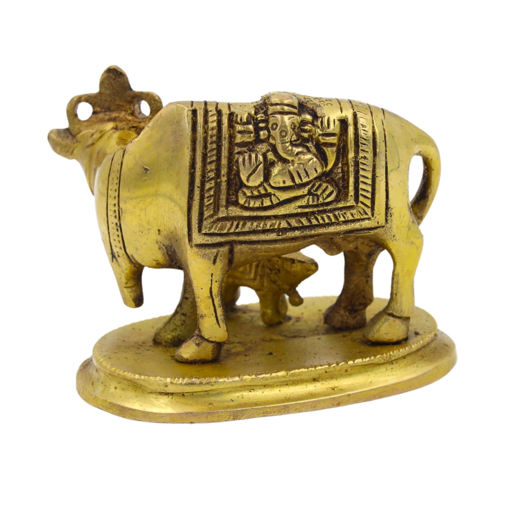 Brass Kamdhenu Cow with Calf Featuring Krishna Carvings | Temple, Pooja, and Home Decor Showpiece
